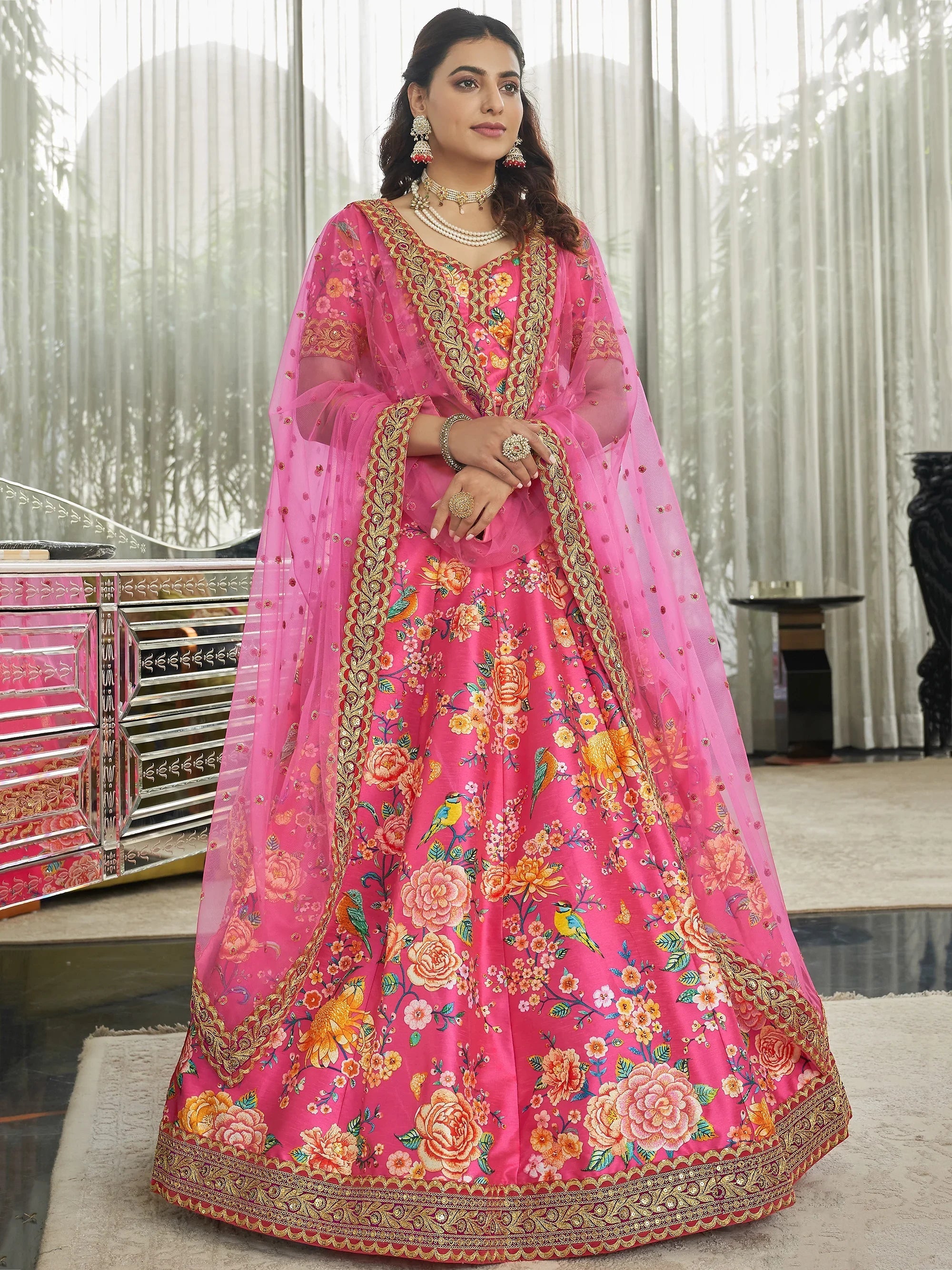 Deep Pink Floral Printed Art Silk Wedding Wear Lehenga Choli with Dupatta