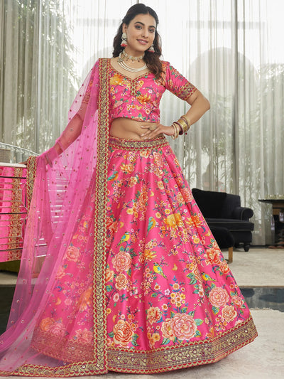 Deep Pink Floral Printed Art Silk Wedding Wear Lehenga Choli with Dupatta