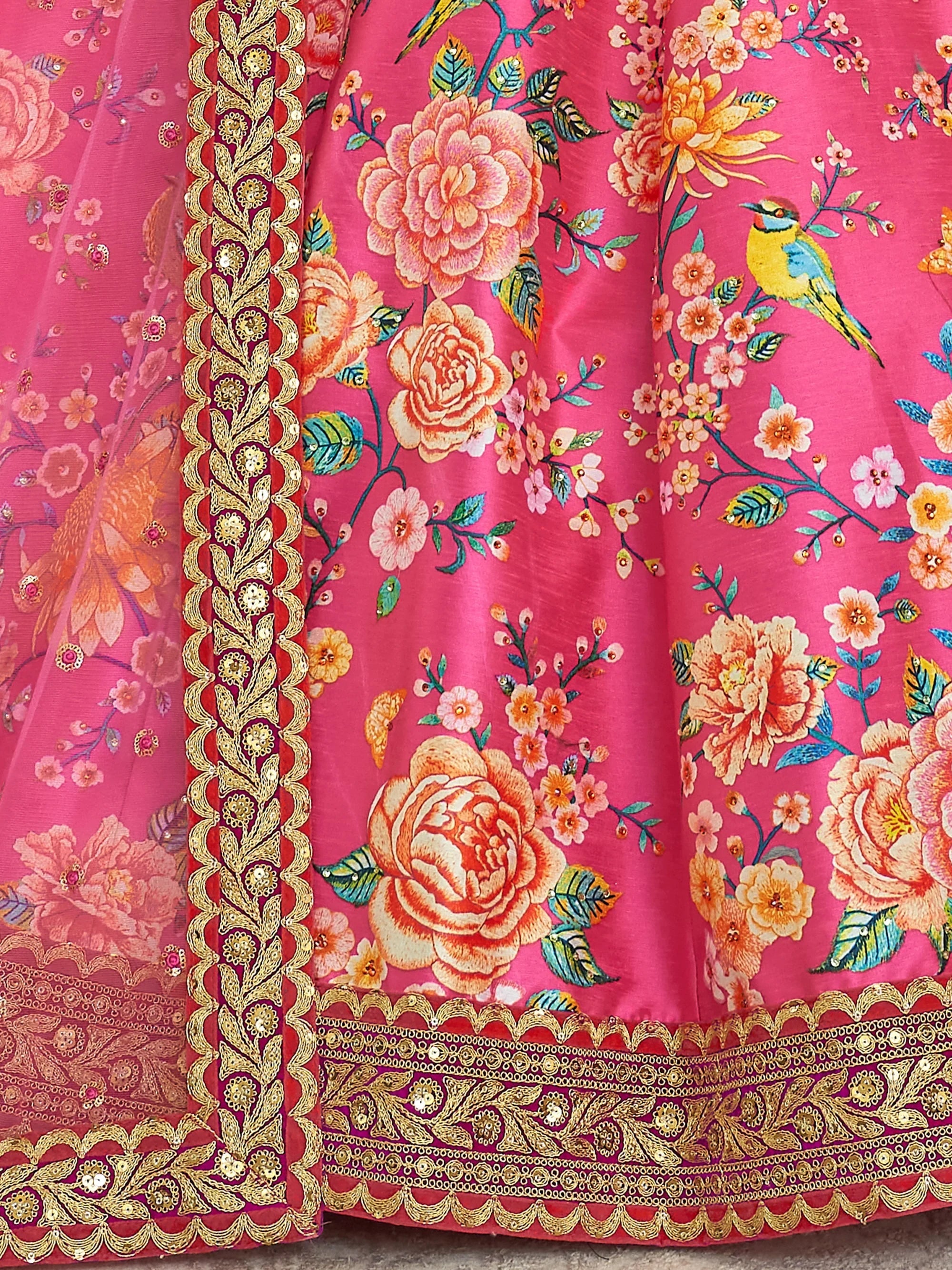 Deep Pink Floral Printed Art Silk Wedding Wear Lehenga Choli with Dupatta