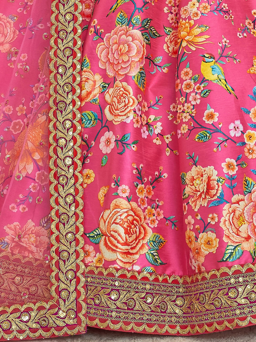 Deep Pink Floral Printed Art Silk Wedding Wear Lehenga Choli with Dupatta