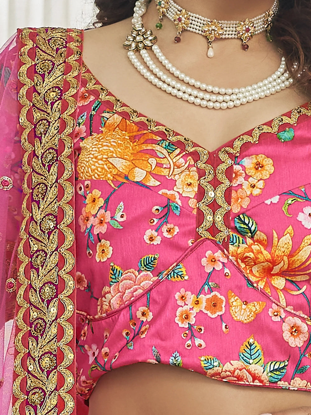 Deep Pink Floral Printed Art Silk Wedding Wear Lehenga Choli with Dupatta