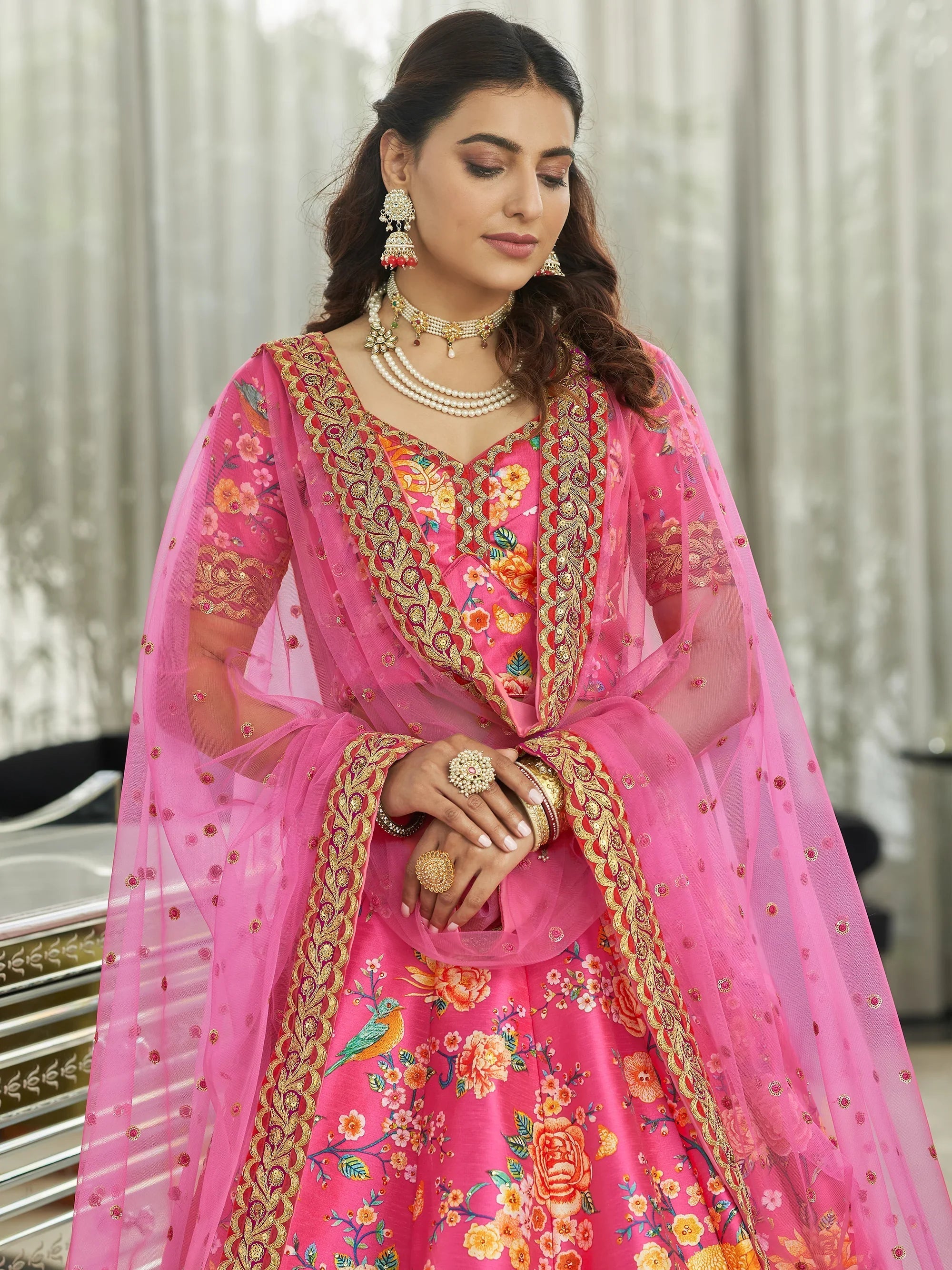 Deep Pink Floral Printed Art Silk Wedding Wear Lehenga Choli with Dupatta