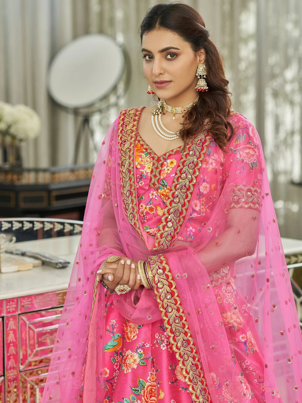 Deep Pink Floral Printed Art Silk Wedding Wear Lehenga Choli with Dupatta