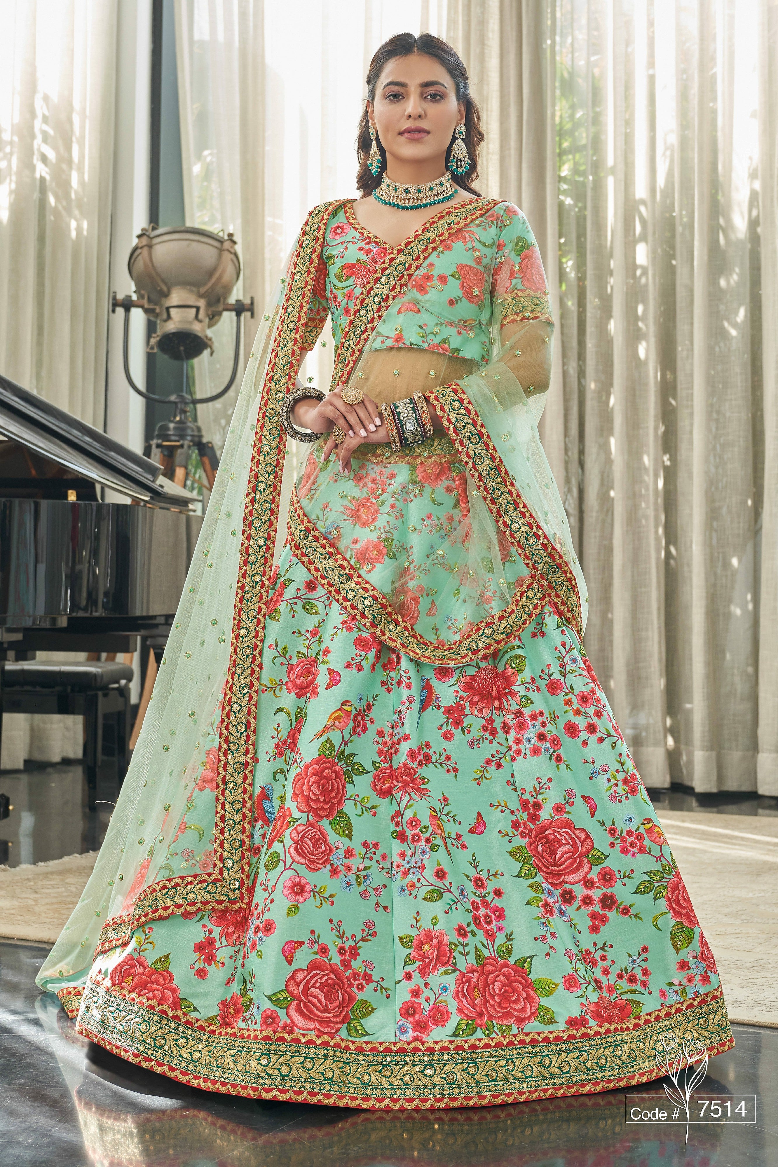 Mint Green Floral Printed Art Silk Event Wear Lehenga Choli for Women