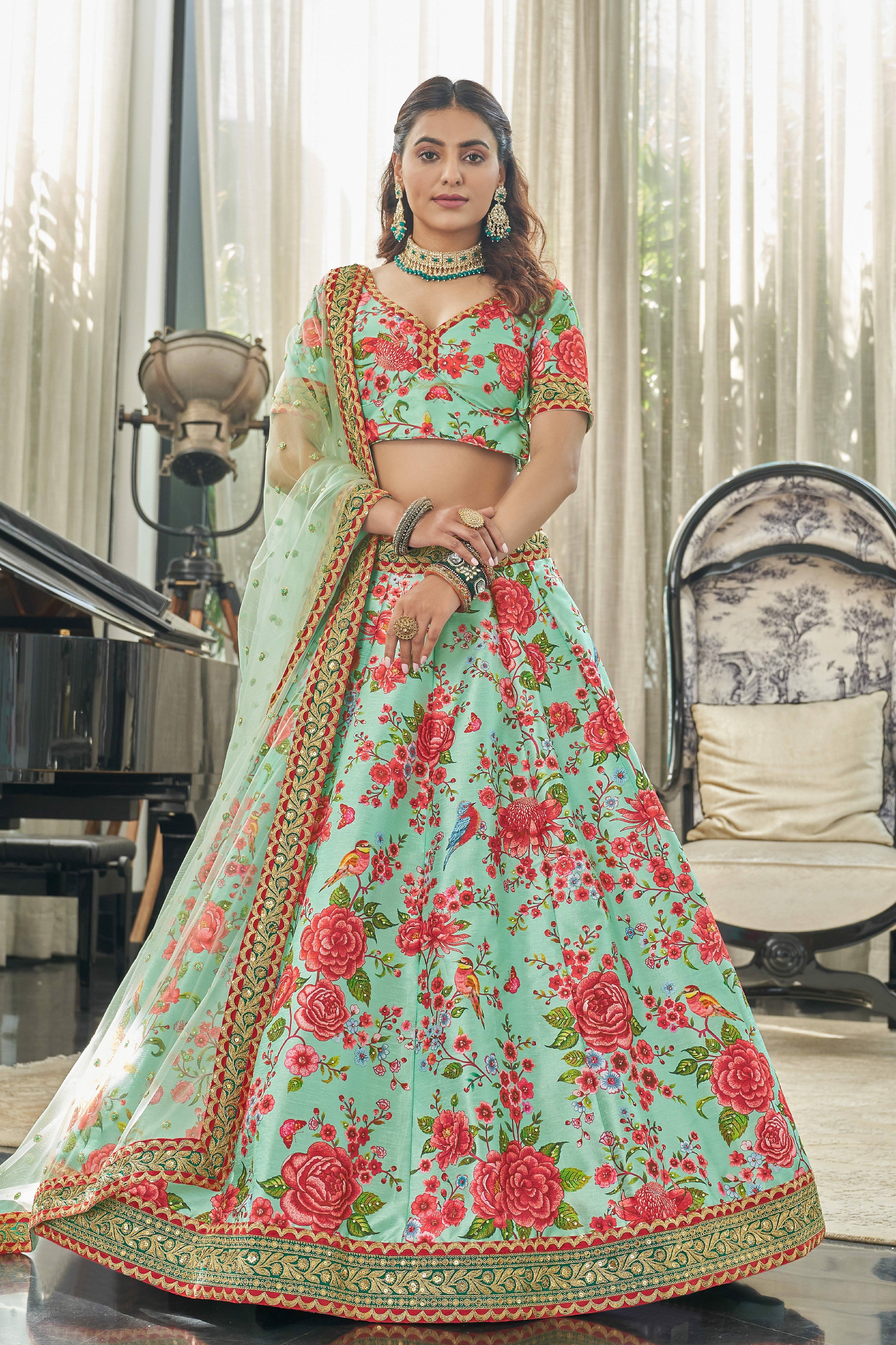 Mint Green Floral Printed Art Silk Event Wear Lehenga Choli for Women