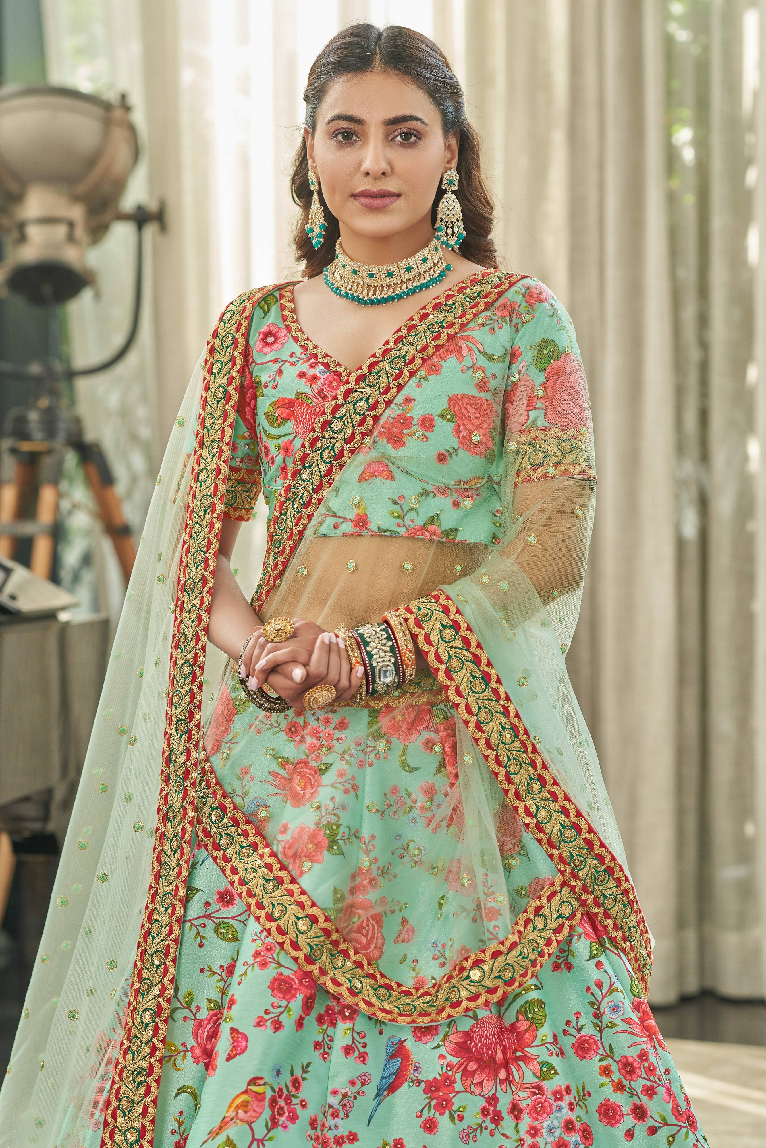 Mint Green Floral Printed Art Silk Event Wear Lehenga Choli for Women