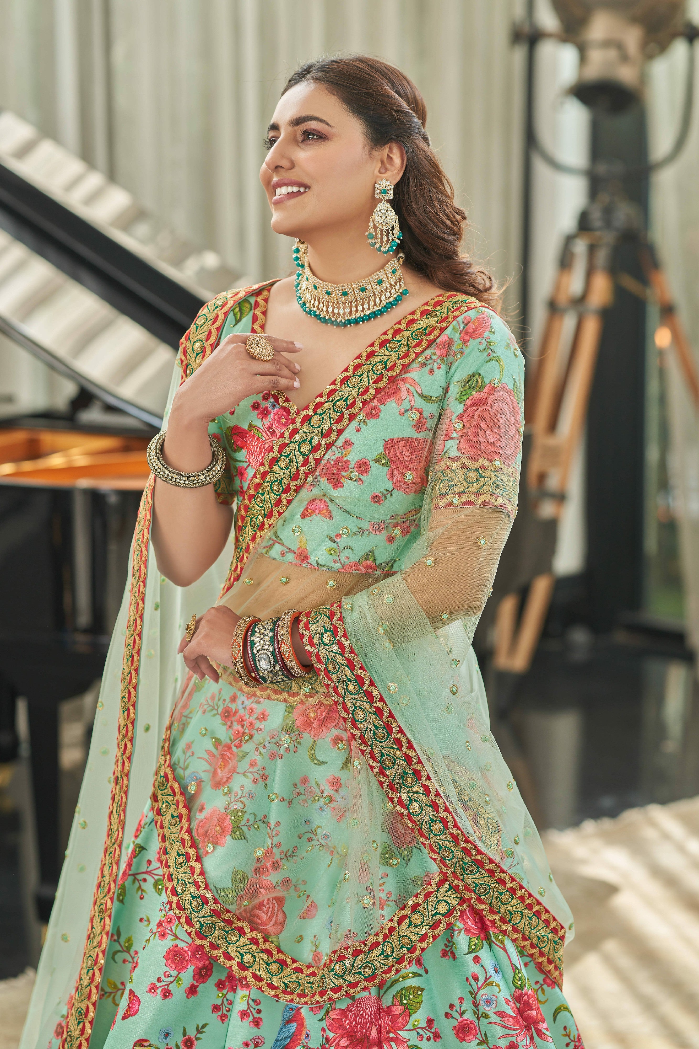 Mint Green Floral Printed Art Silk Event Wear Lehenga Choli for Women