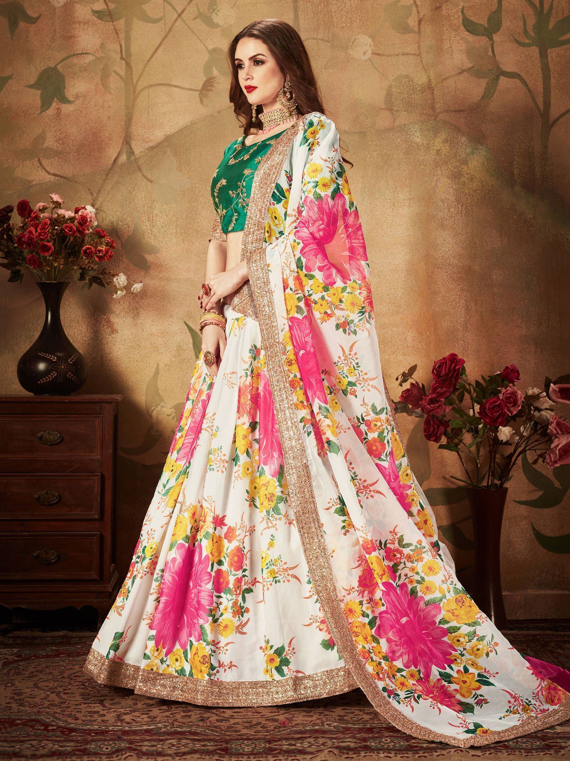 Cream Floral Digital Printed Organza Bridal Lehenga Choli for Ladies