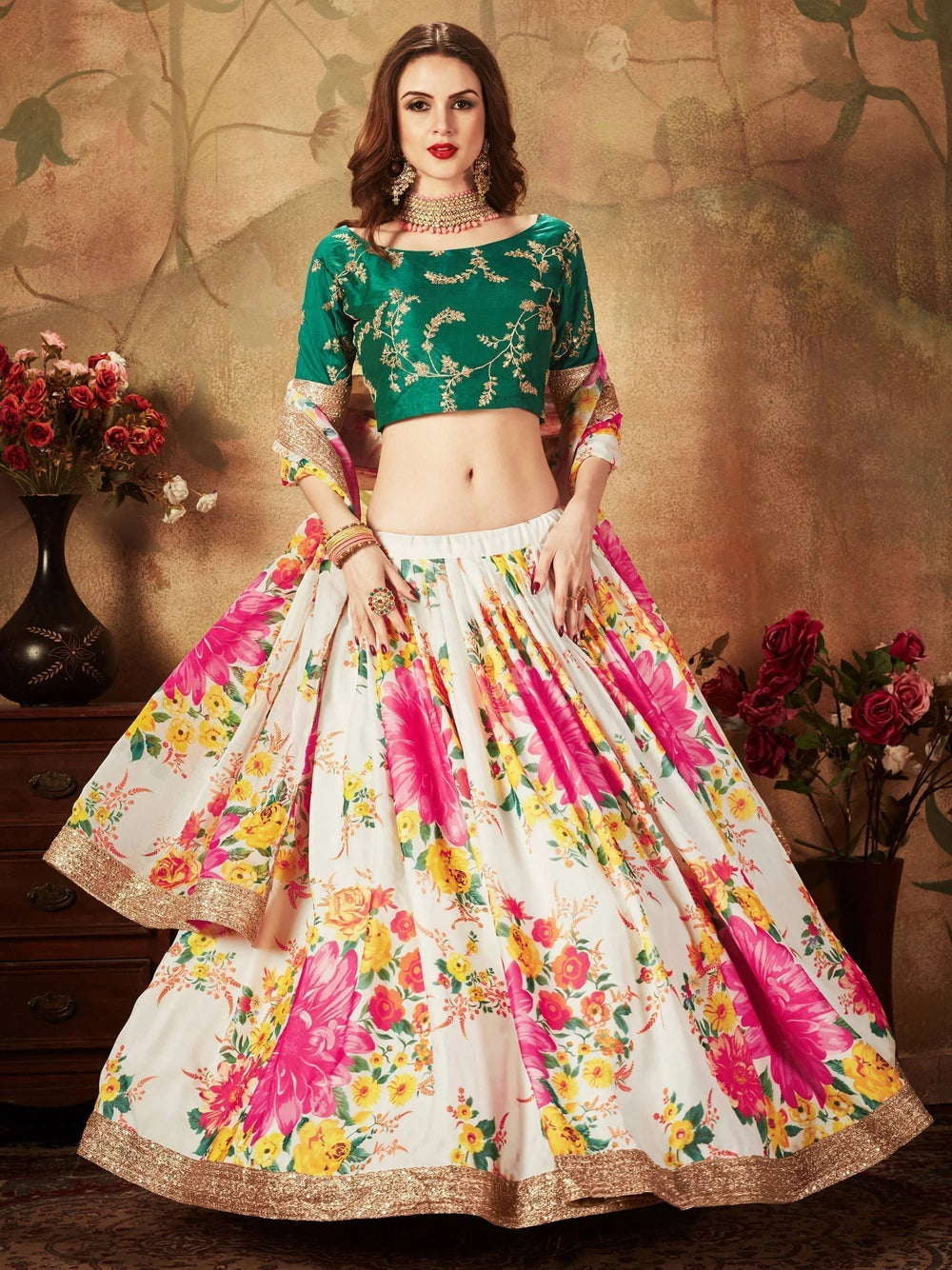 Cream Floral Digital Printed Organza Bridal Lehenga Choli for Ladies