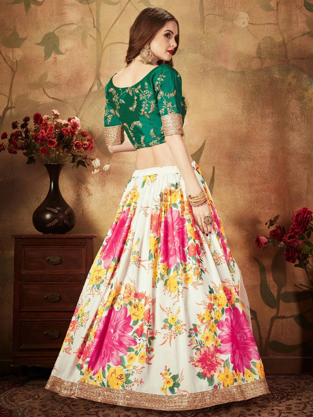 Cream Floral Digital Printed Organza Bridal Lehenga Choli for Ladies