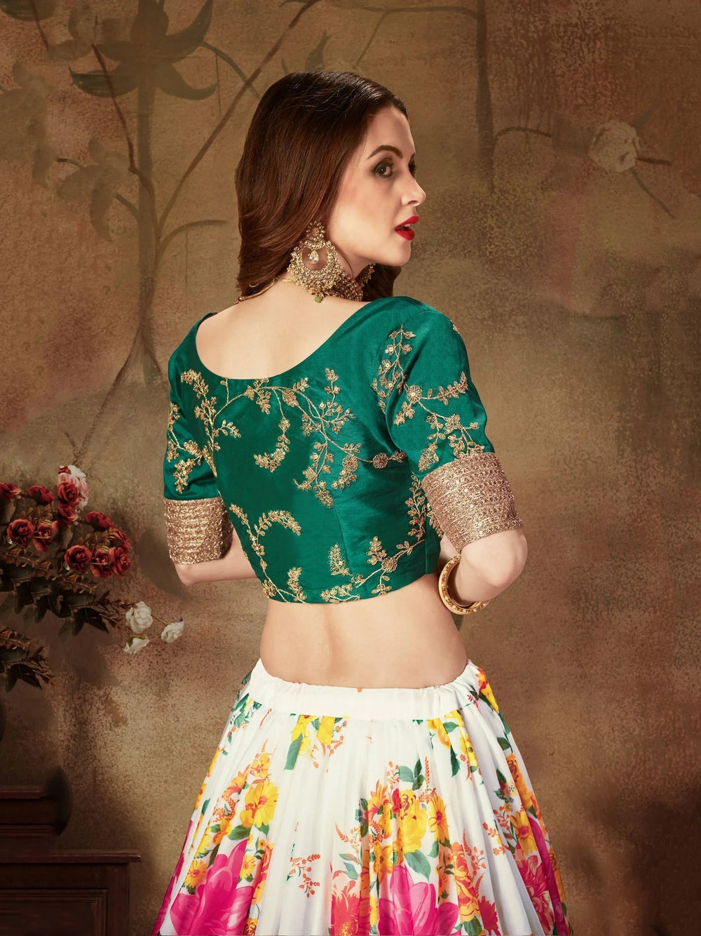 Cream Floral Digital Printed Organza Bridal Lehenga Choli for Ladies