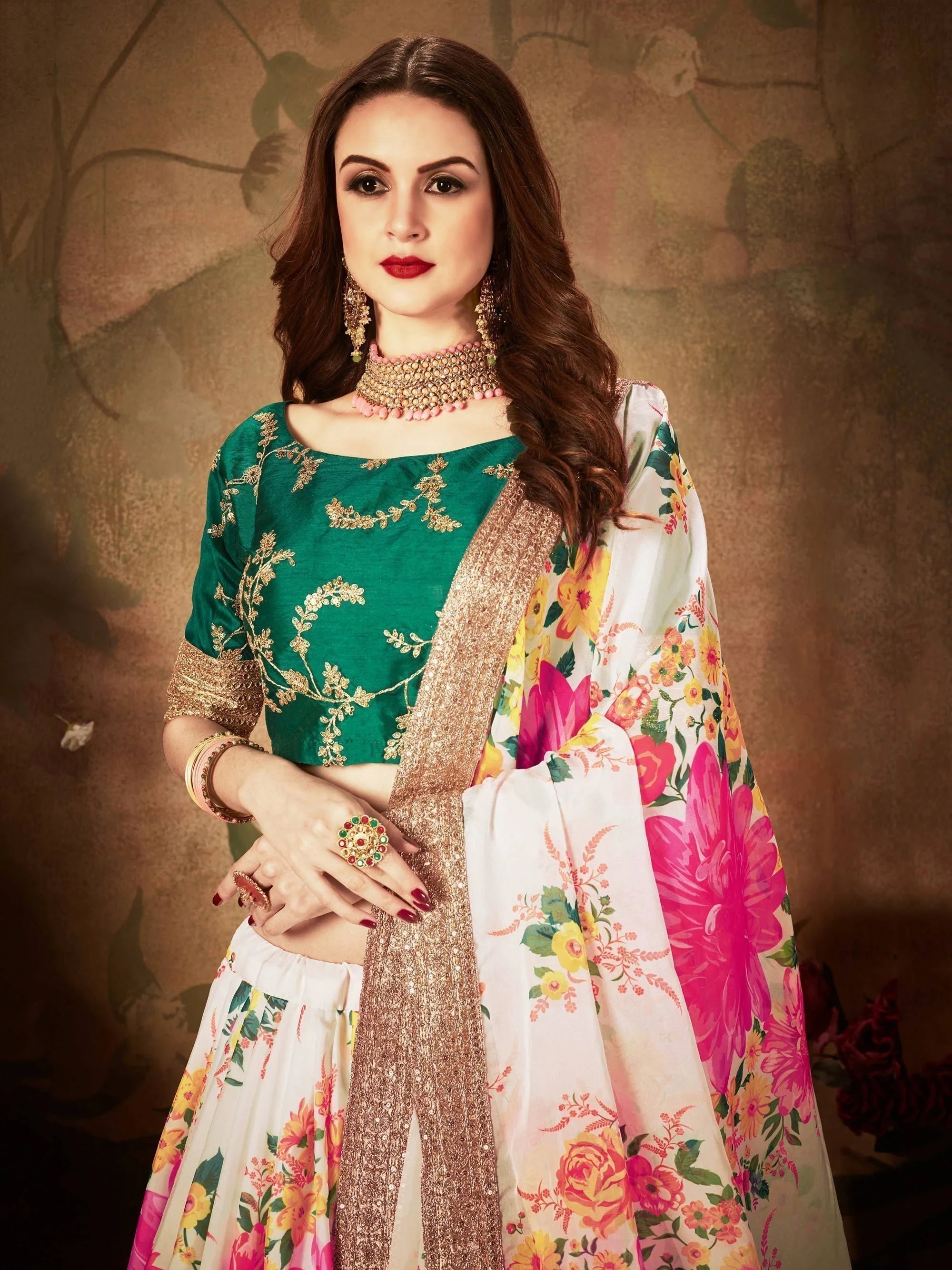 Cream Floral Digital Printed Organza Bridal Lehenga Choli for Ladies