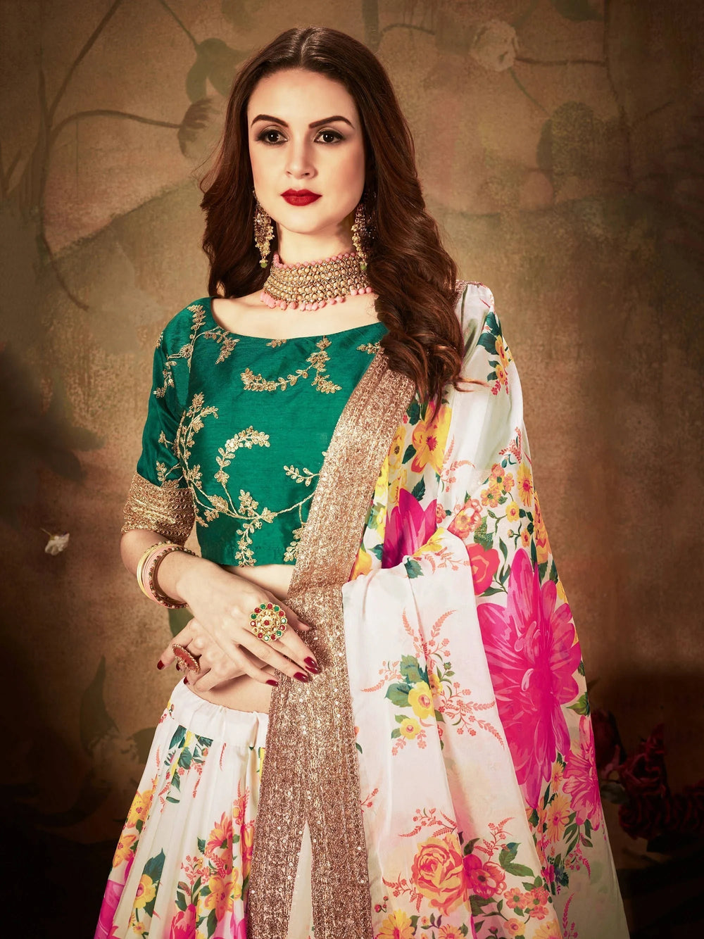 Cream Floral Digital Printed Organza Bridal Lehenga Choli for Ladies