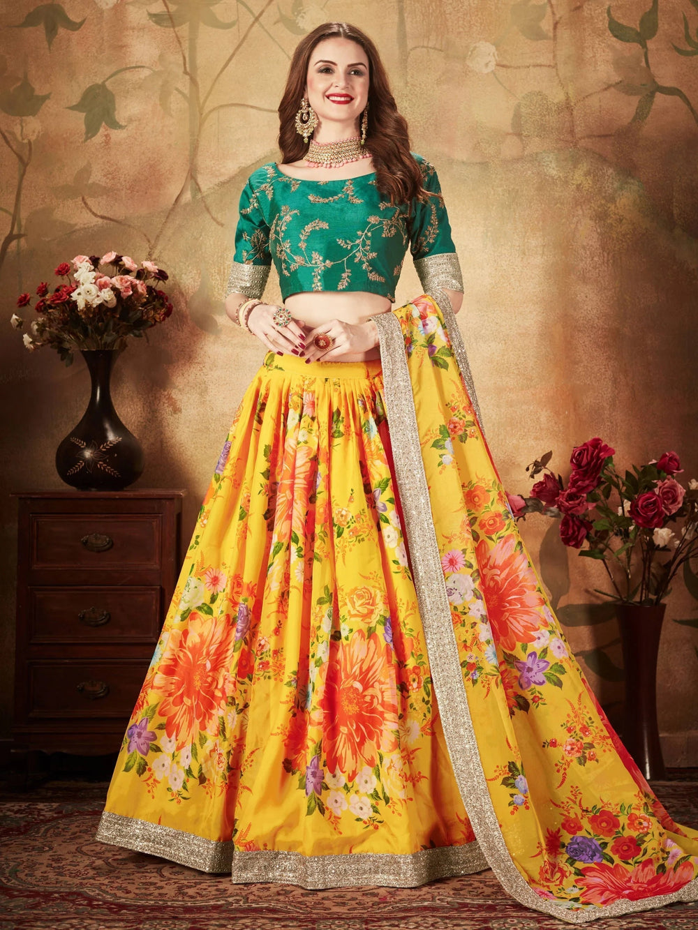 Floral digital printed organza bridal lehenga choli for wedding and engagement occasions - Green Floral Digital Printed Organza Bridal Lehenga Choli