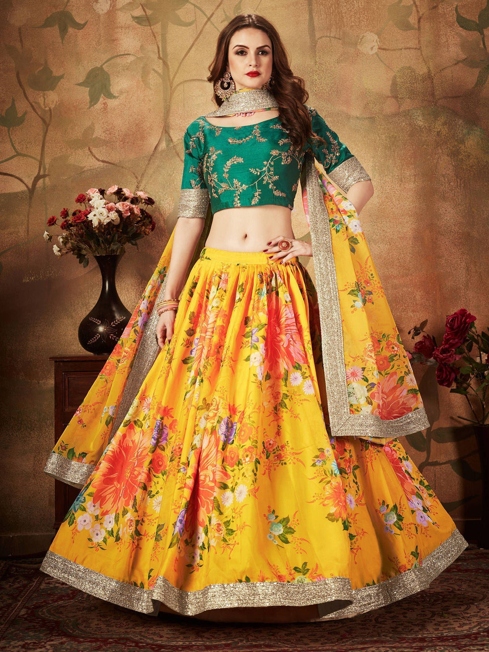Floral digital printed organza bridal lehenga choli for wedding and engagement occasions - Green Floral Digital Printed Organza Bridal Lehenga Choli