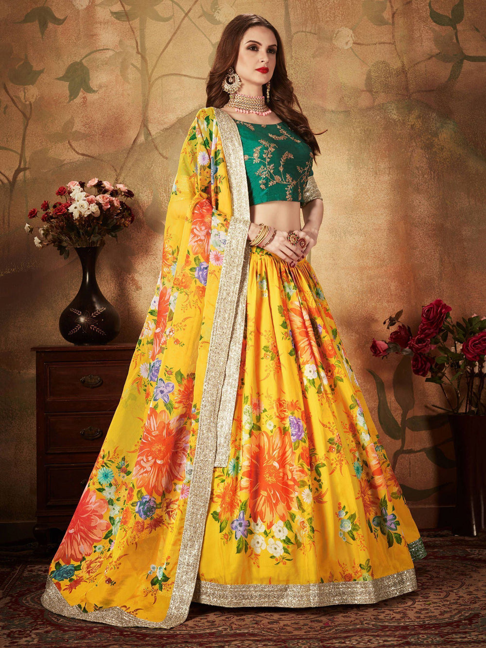 Floral digital printed organza bridal lehenga choli for wedding and engagement occasions - Green Floral Digital Printed Organza Bridal Lehenga Choli