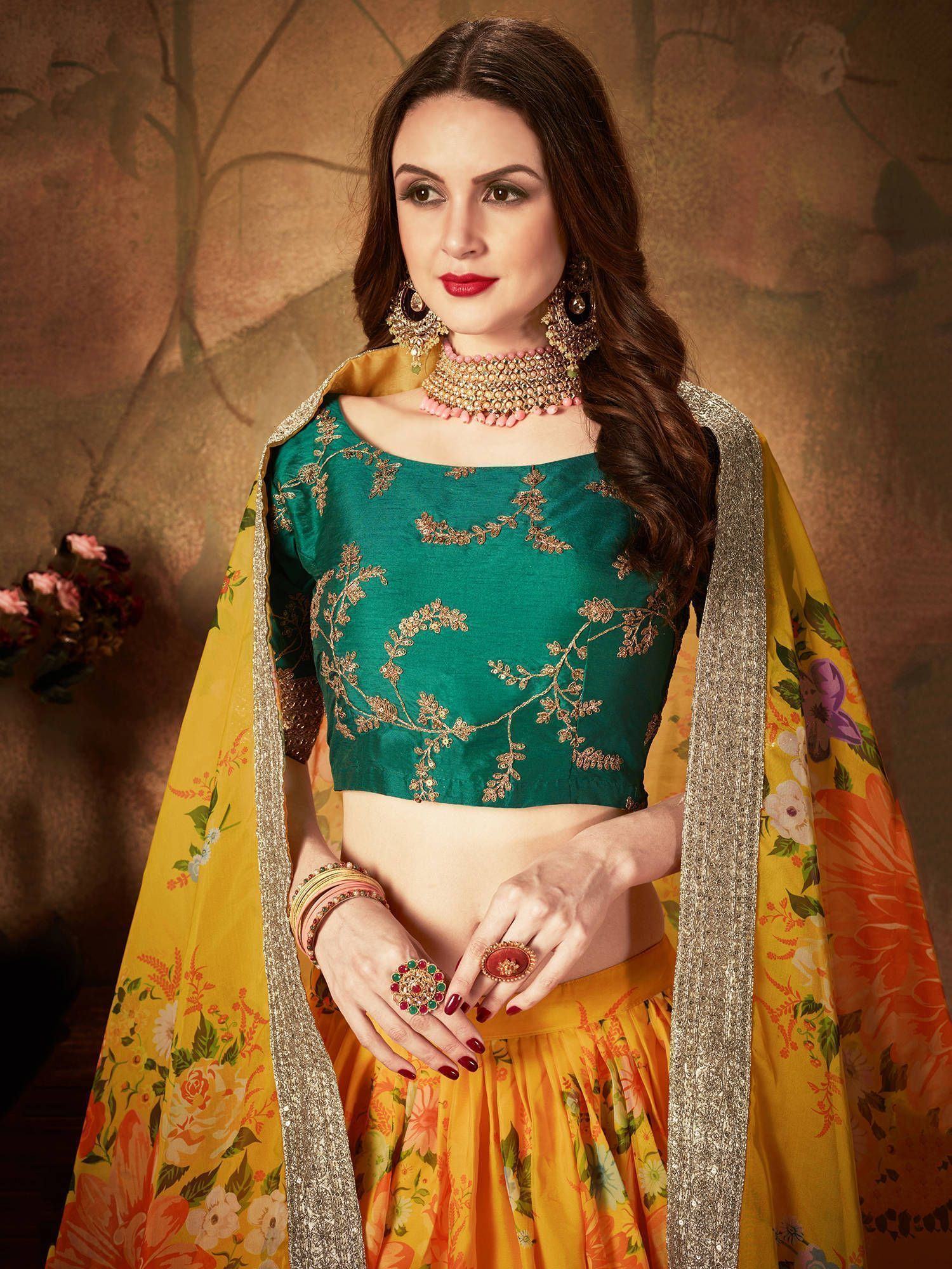 Floral digital printed organza bridal lehenga choli for wedding and engagement occasions - Green Floral Digital Printed Organza Bridal Lehenga Choli