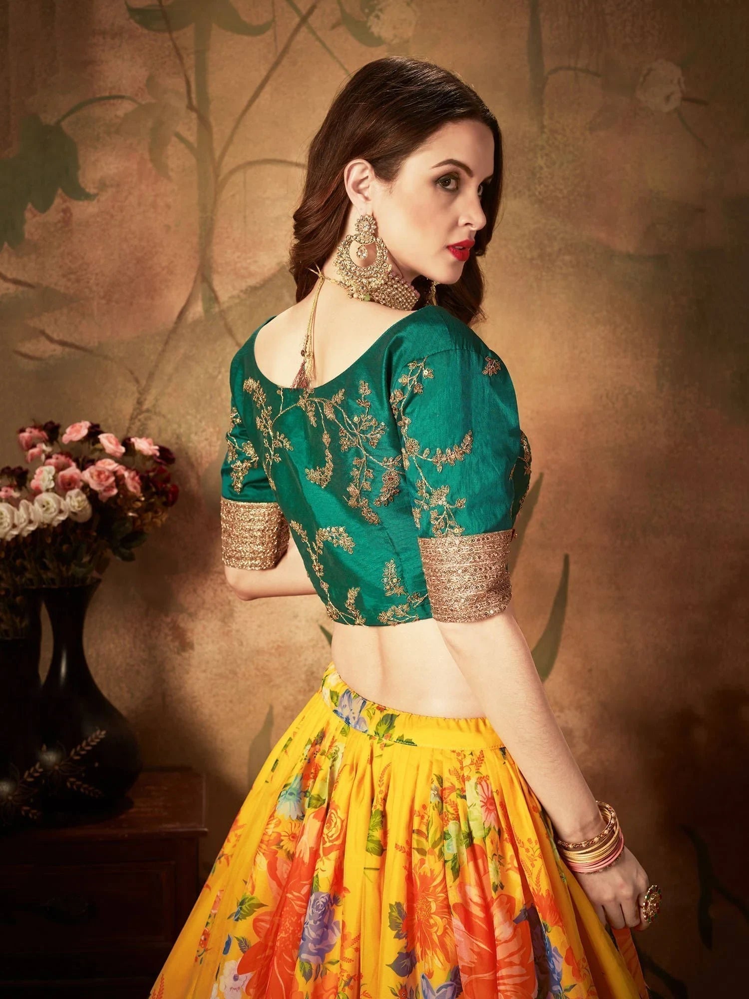 Floral digital printed organza bridal lehenga choli for wedding and engagement occasions - Green Floral Digital Printed Organza Bridal Lehenga Choli