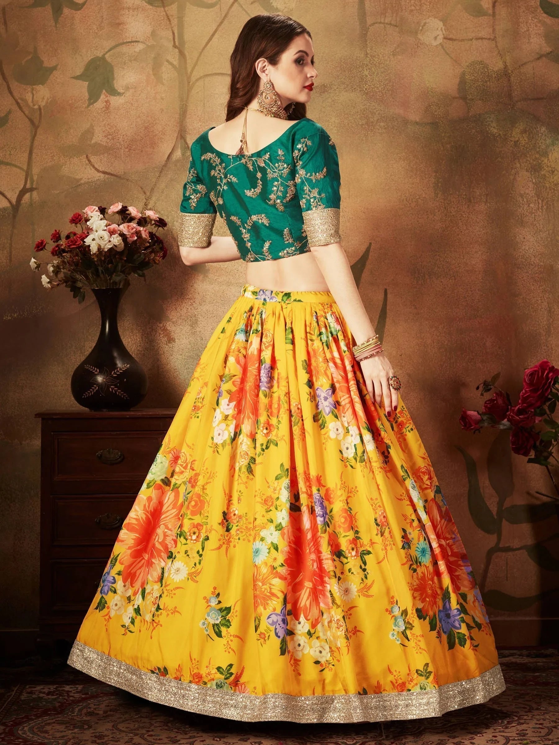 Floral digital printed organza bridal lehenga choli for wedding and engagement occasions - Green Floral Digital Printed Organza Bridal Lehenga Choli
