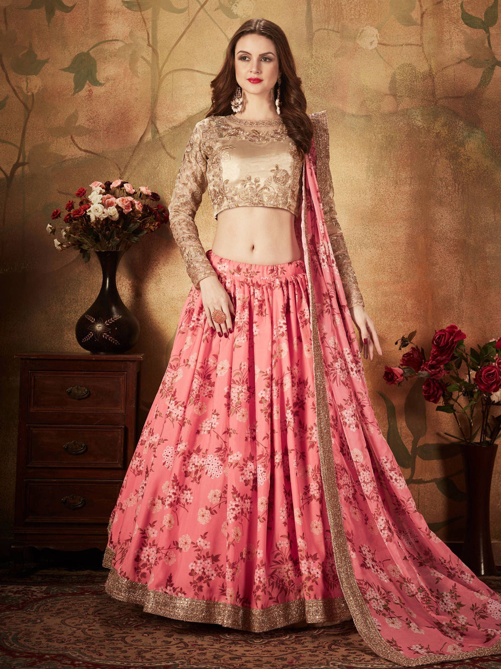Pink Floral Digital Printed Organza Wedding Lehenga Choli for Women