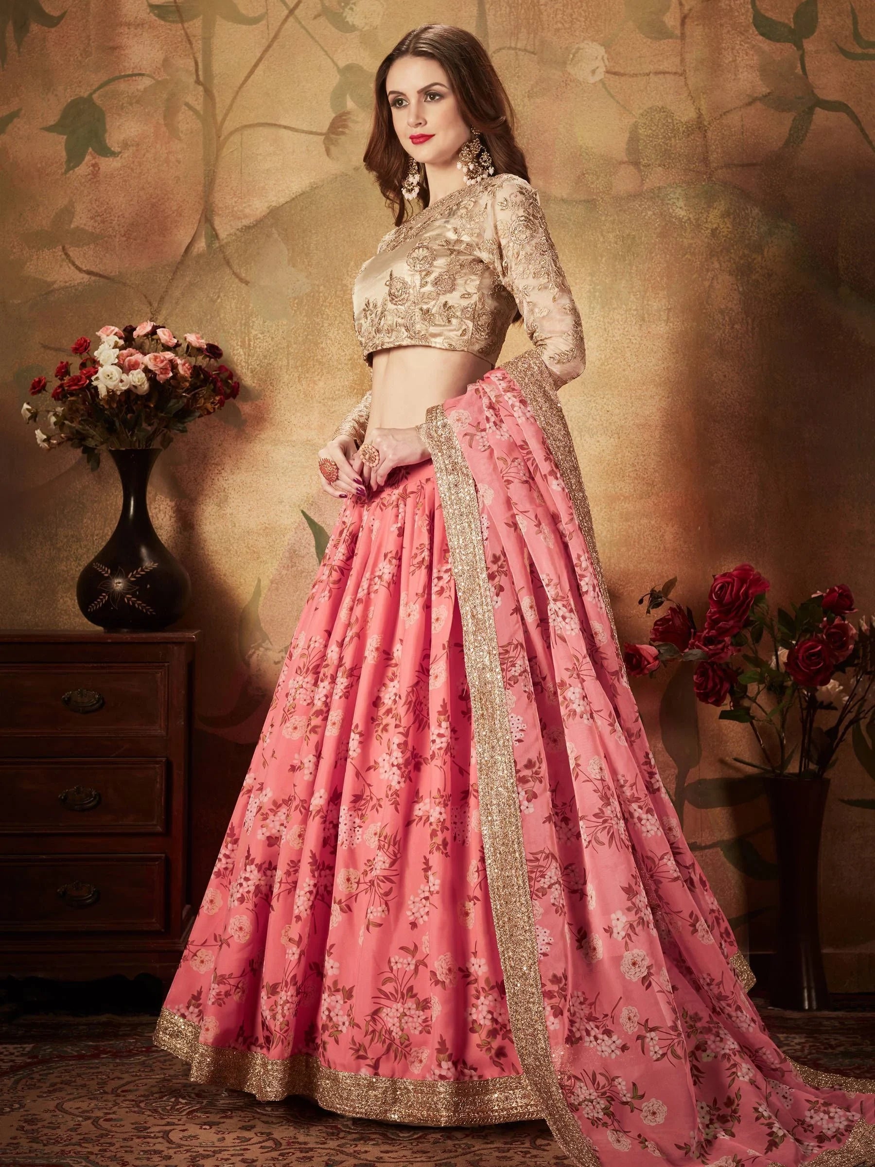 Pink Floral Digital Printed Organza Wedding Lehenga Choli for Women
