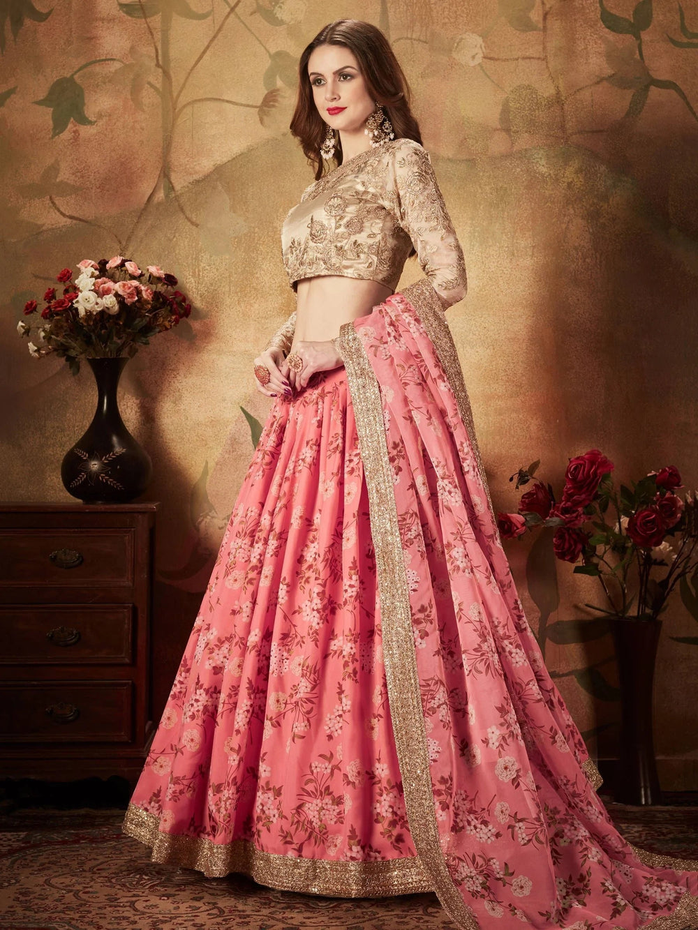 Pink Floral Digital Printed Organza Wedding Lehenga Choli for Women