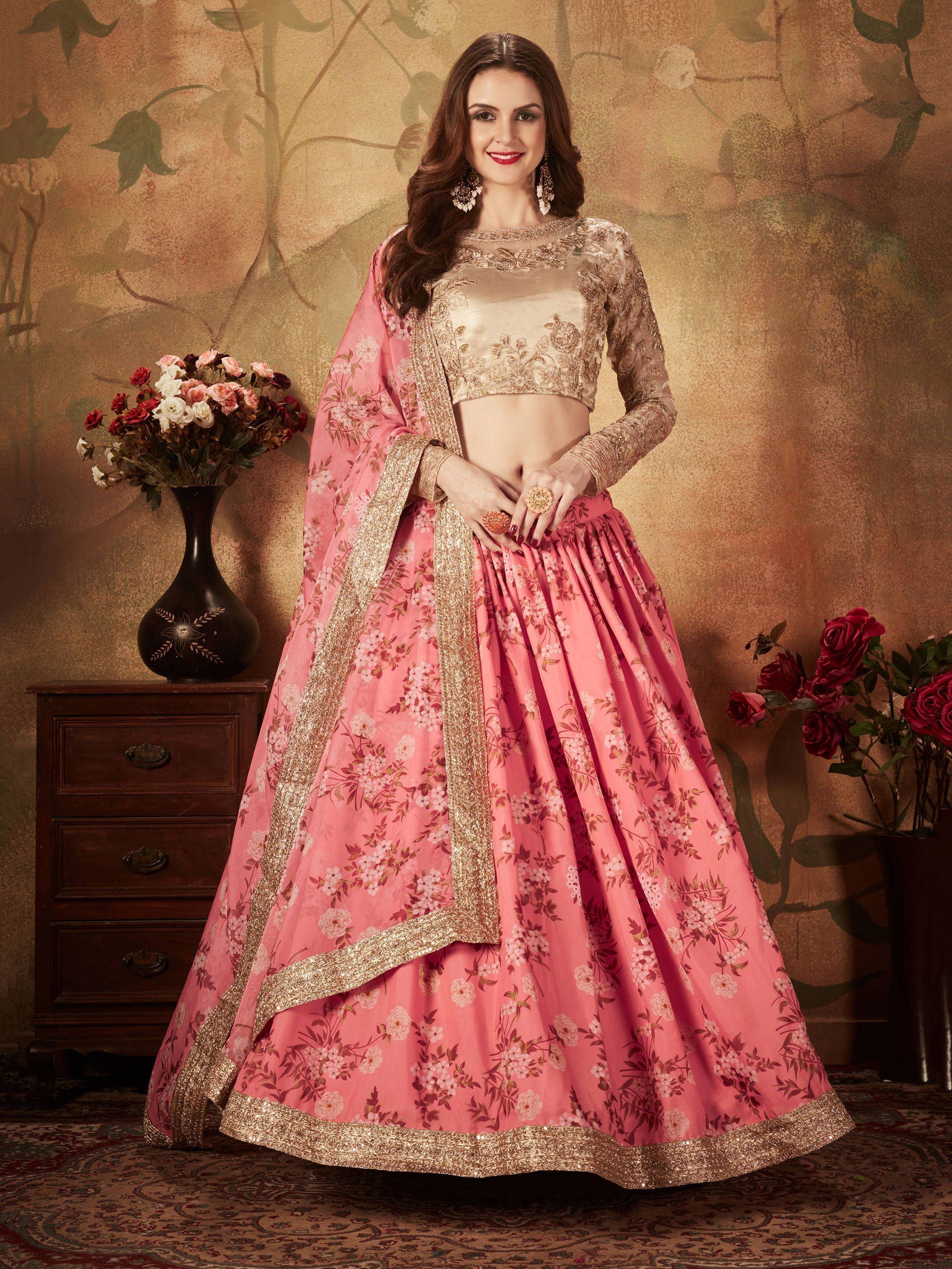 Pink Floral Digital Printed Organza Wedding Lehenga Choli for Women