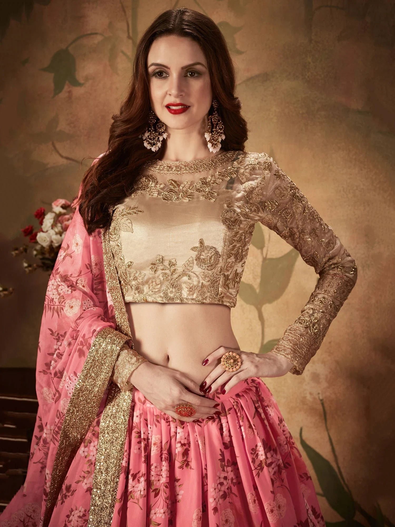 Pink Floral Digital Printed Organza Wedding Lehenga Choli for Women