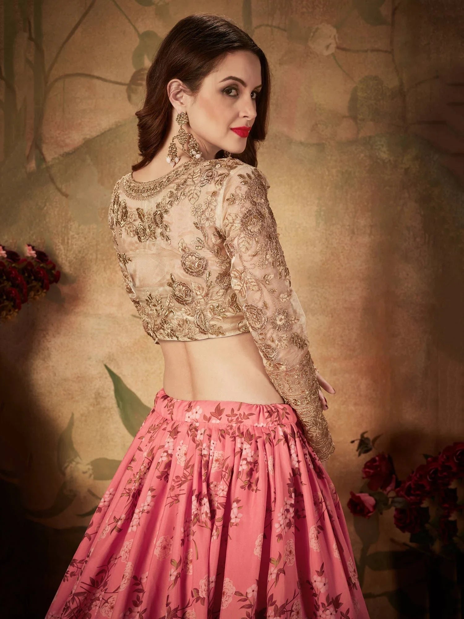 Pink Floral Digital Printed Organza Wedding Lehenga Choli for Women