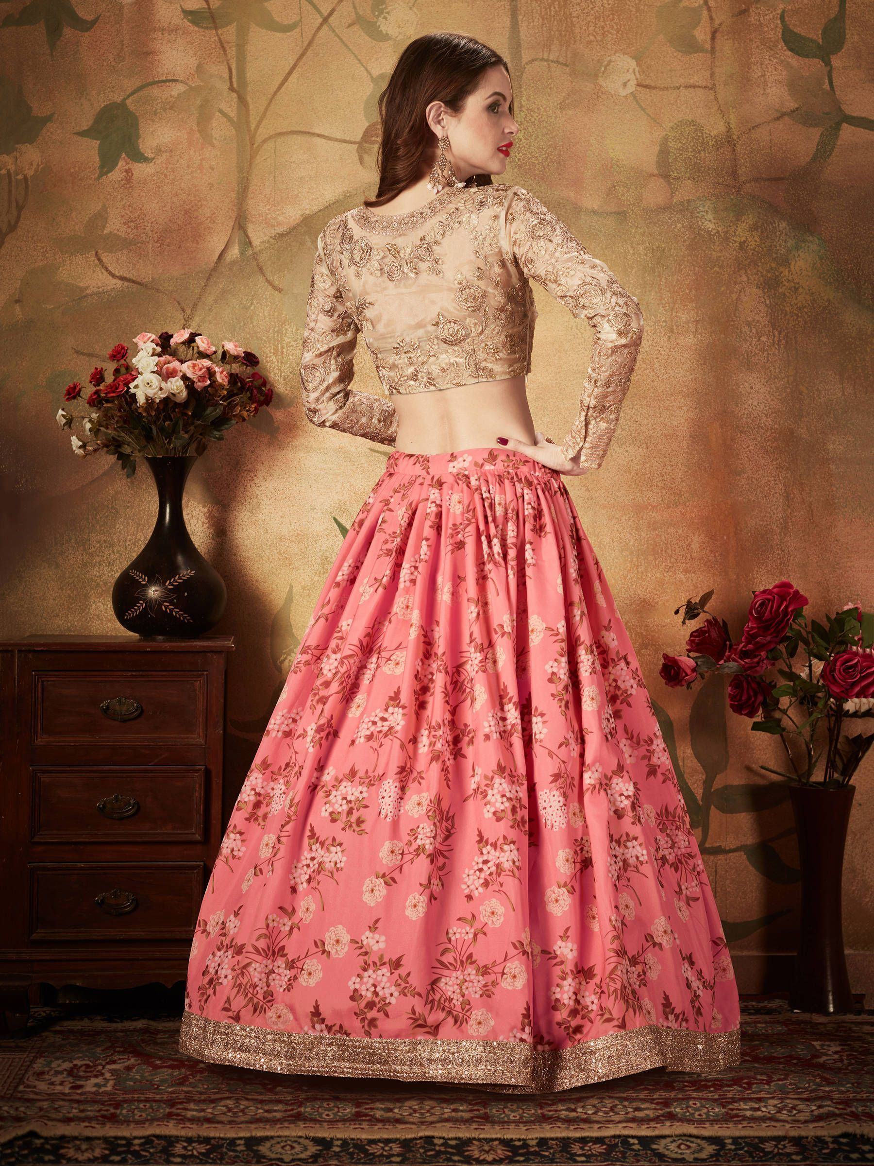 Pink Floral Digital Printed Organza Wedding Lehenga Choli for Women