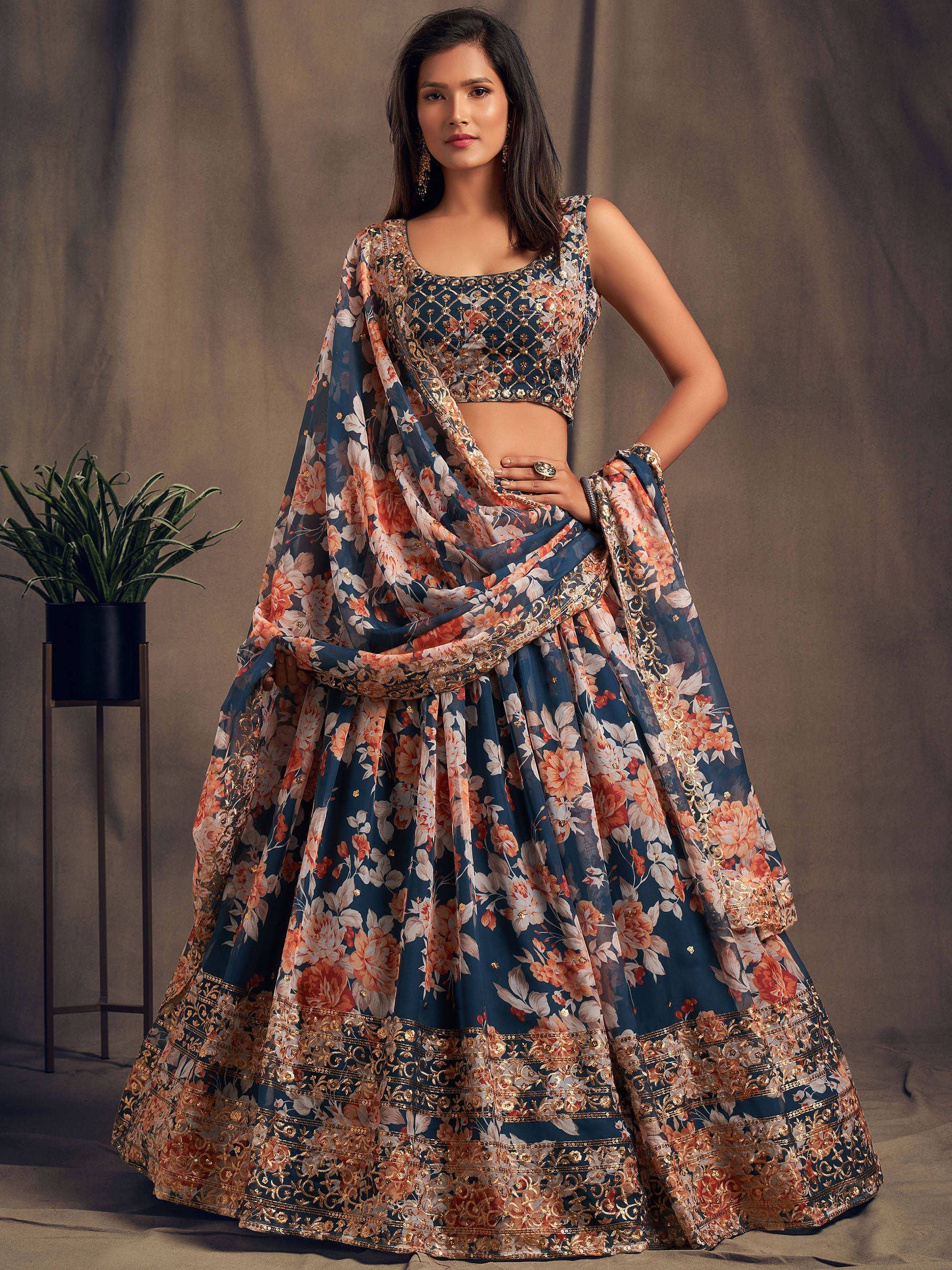 Organza lehenga choli with sequin embellishment and floral embroidery for wedding occasions