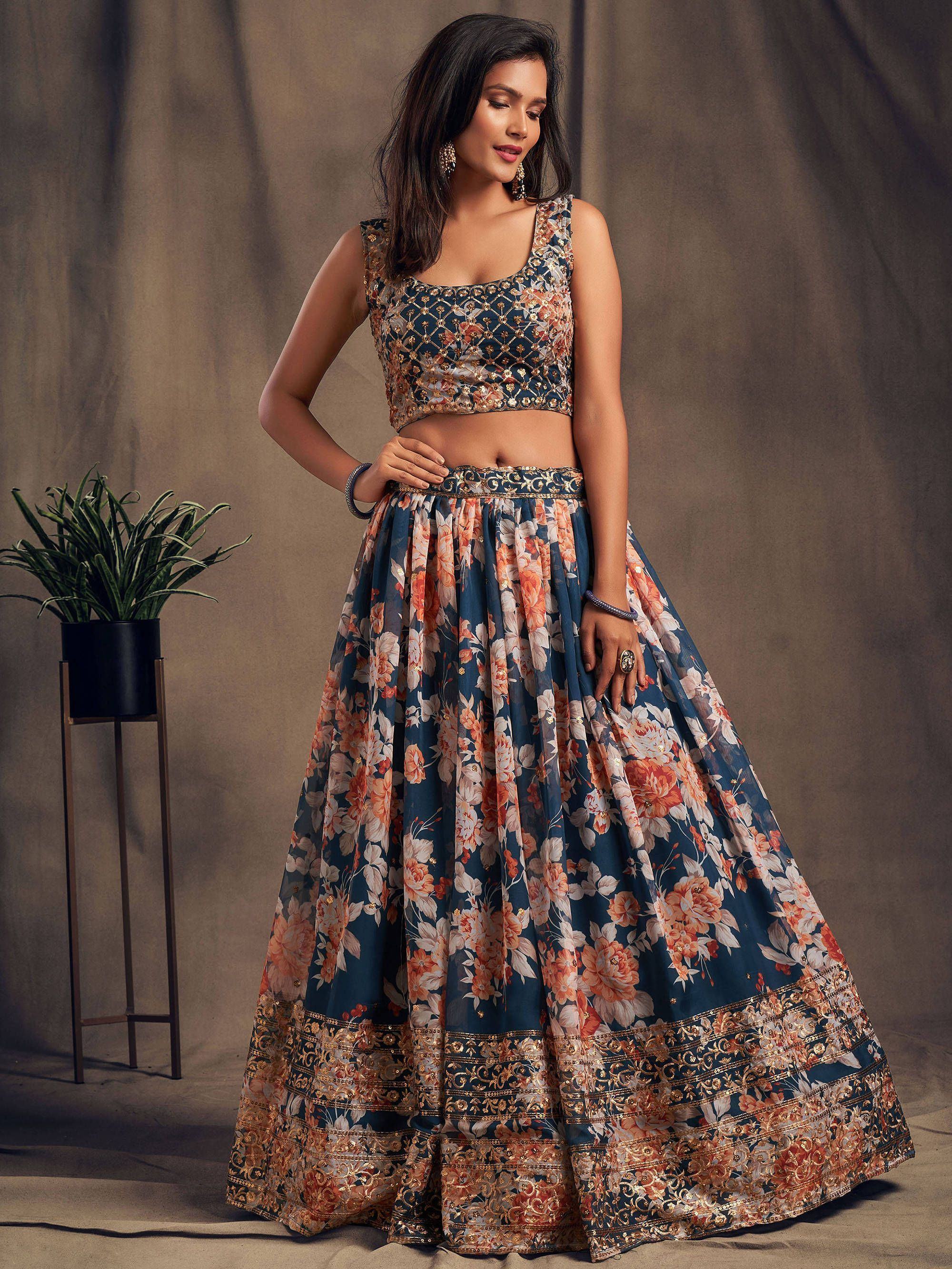 Organza lehenga choli with sequin embellishment and floral embroidery for wedding occasions