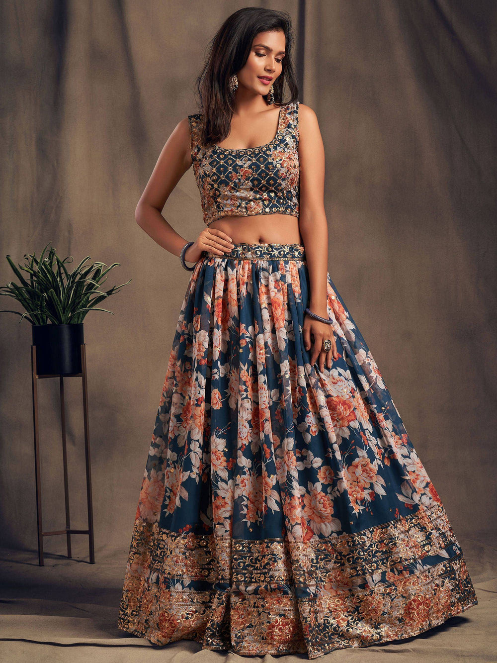 Organza lehenga choli with sequin embellishment and floral embroidery for wedding occasions