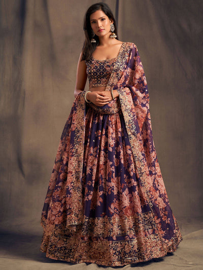 Purple Floral Embroidered Organza Wedding Lehenga Choli for Women