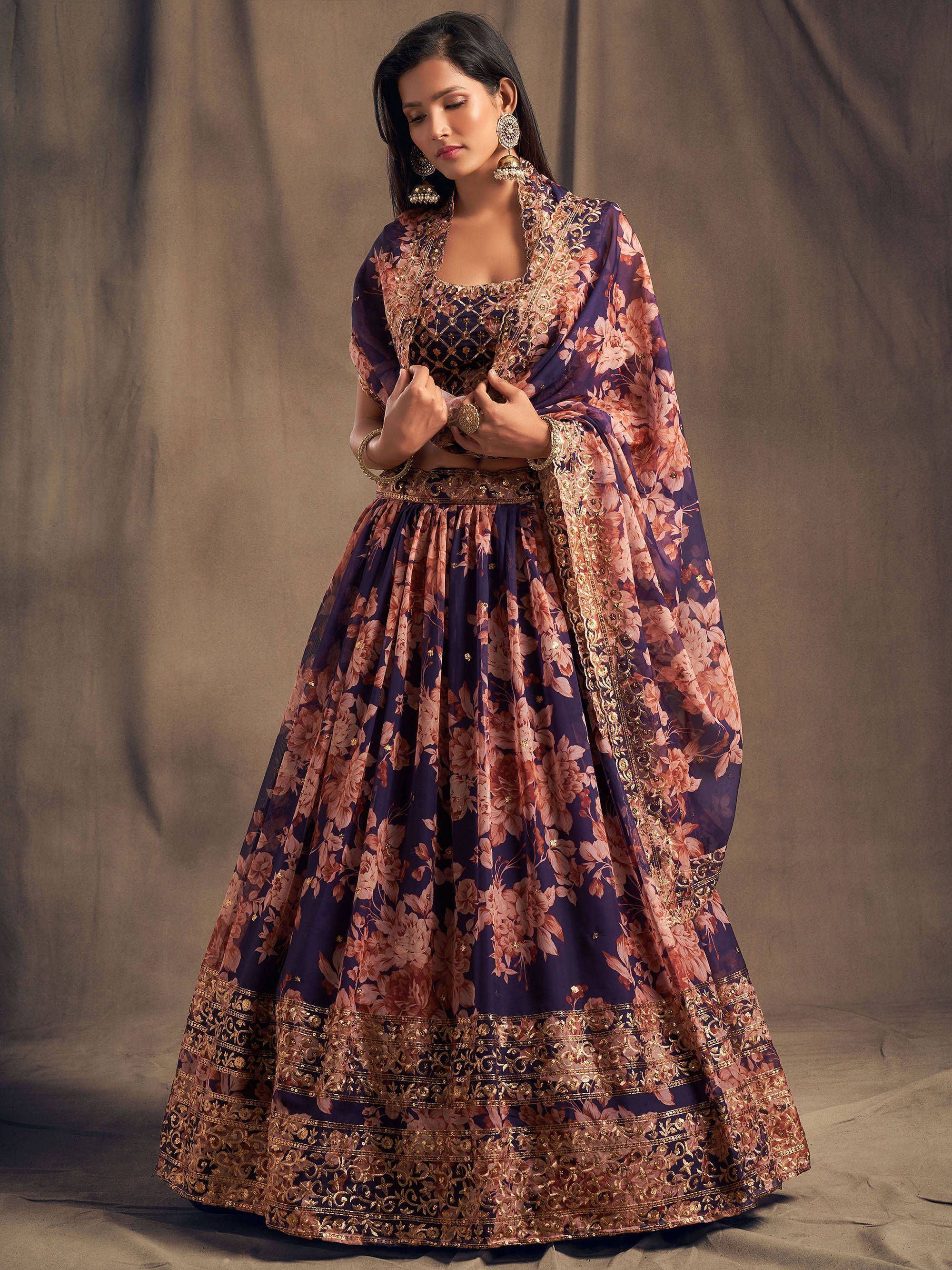 Purple Floral Embroidered Organza Wedding Lehenga Choli for Women