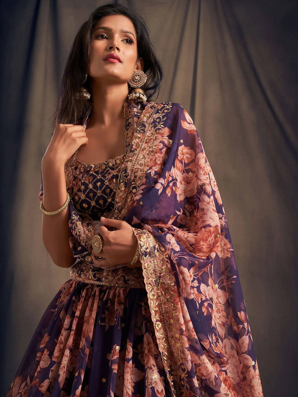 Purple Floral Embroidered Organza Wedding Lehenga Choli for Women
