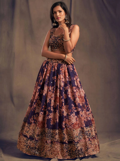 Purple Floral Embroidered Organza Wedding Lehenga Choli for Women