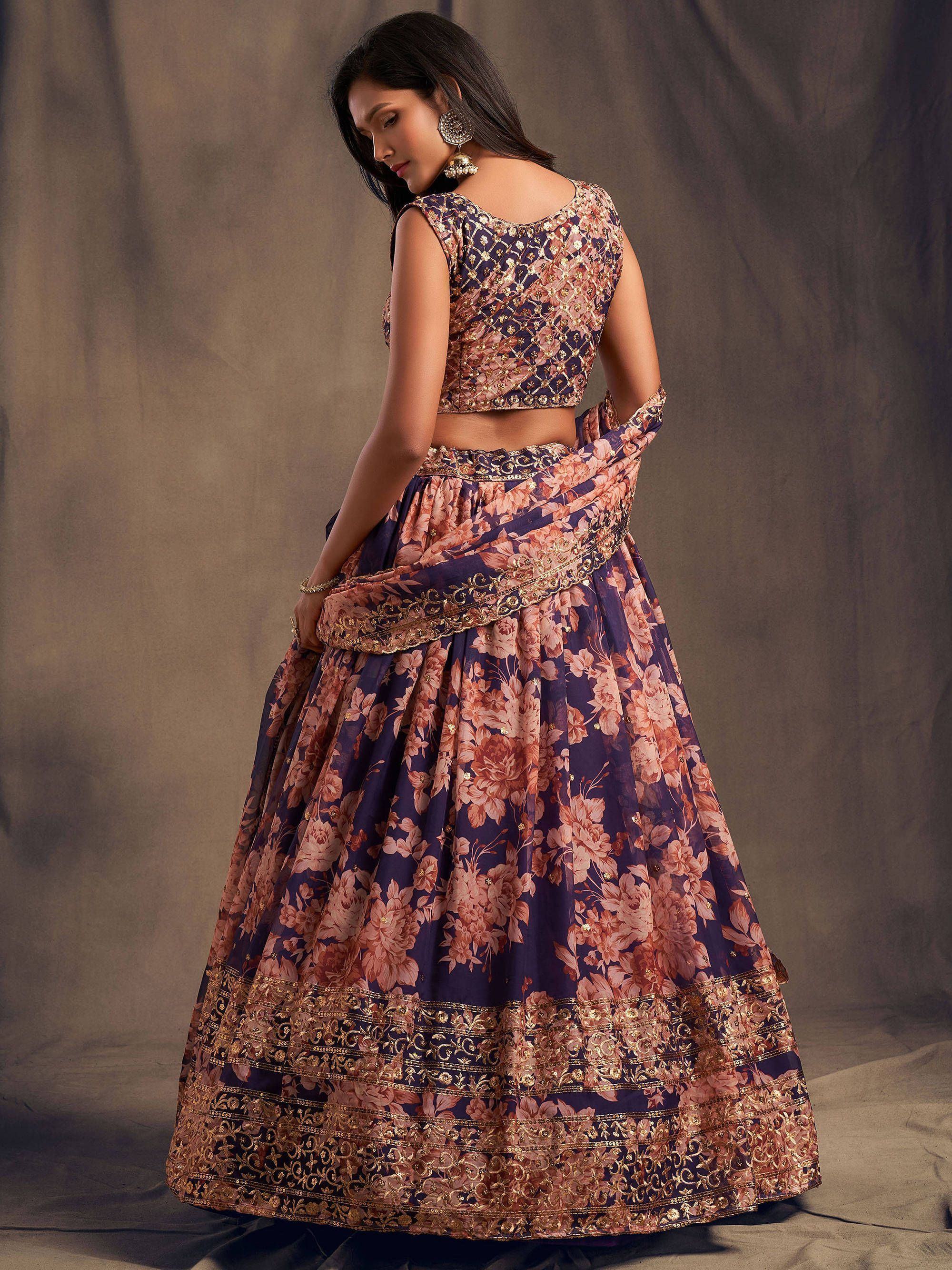 Purple Floral Embroidered Organza Wedding Lehenga Choli for Women
