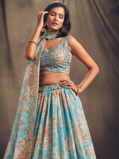 Sky Blue Floral Embroidered Organza Wedding Lehenga Choli for Women