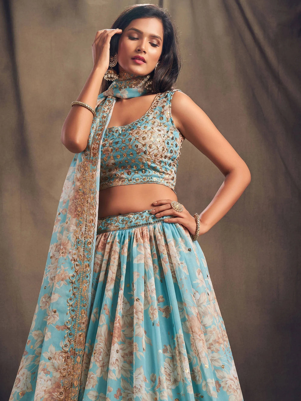 Sky Blue Floral Embroidered Organza Wedding Lehenga Choli for Women