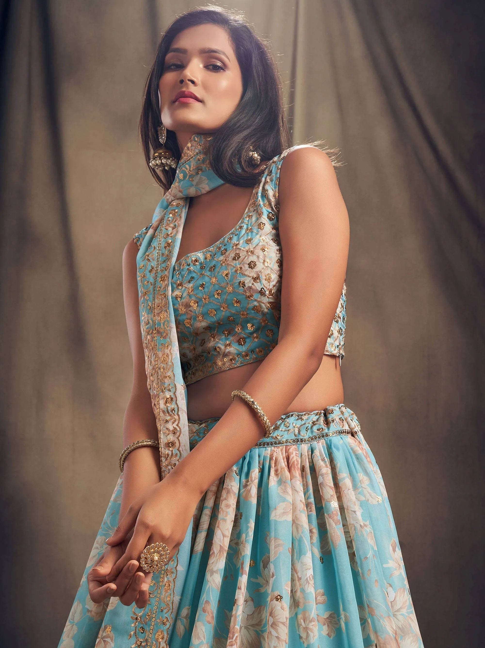 Sky Blue Floral Embroidered Organza Wedding Lehenga Choli for Women