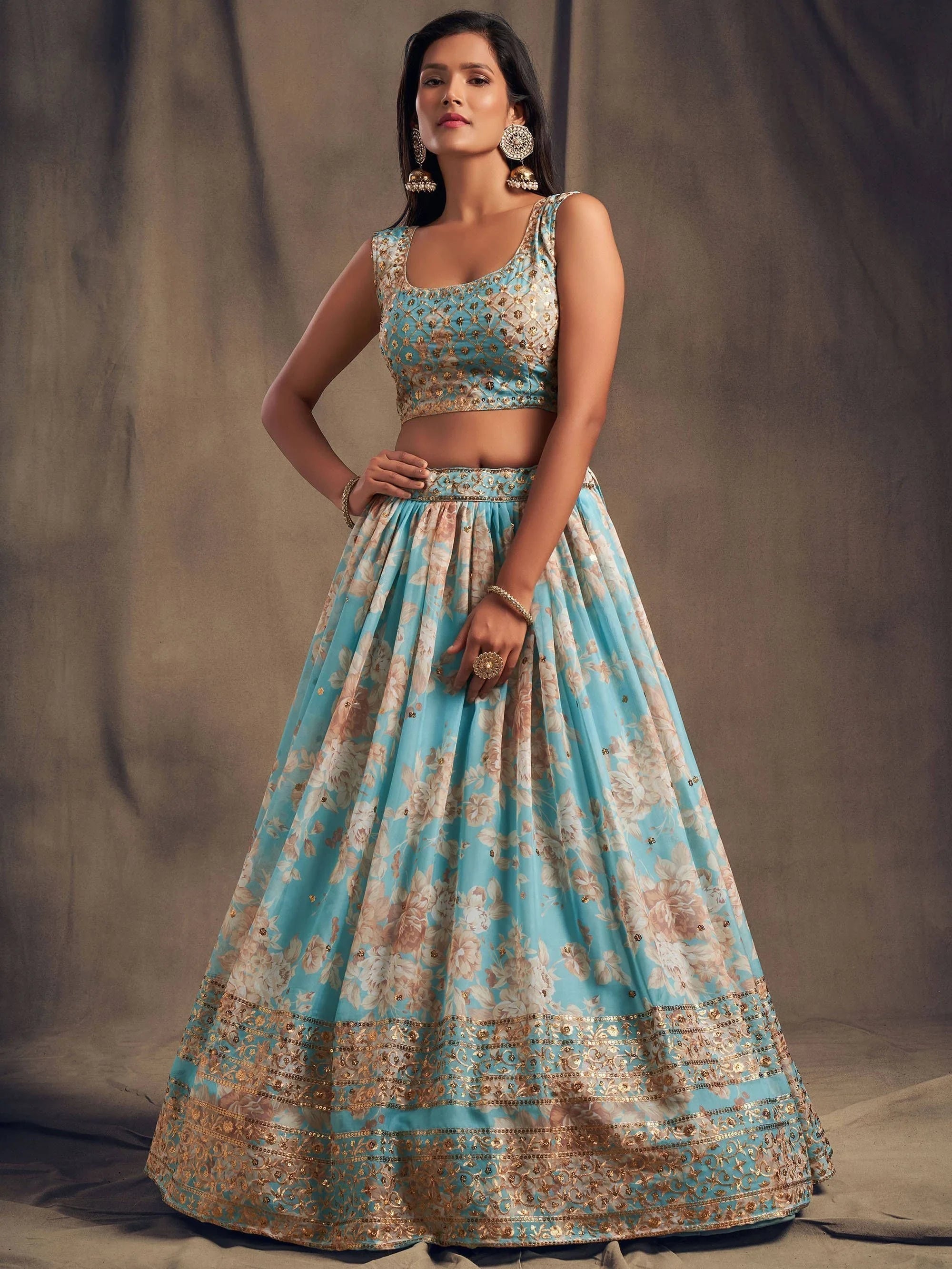 Sky Blue Floral Embroidered Organza Wedding Lehenga Choli for Women