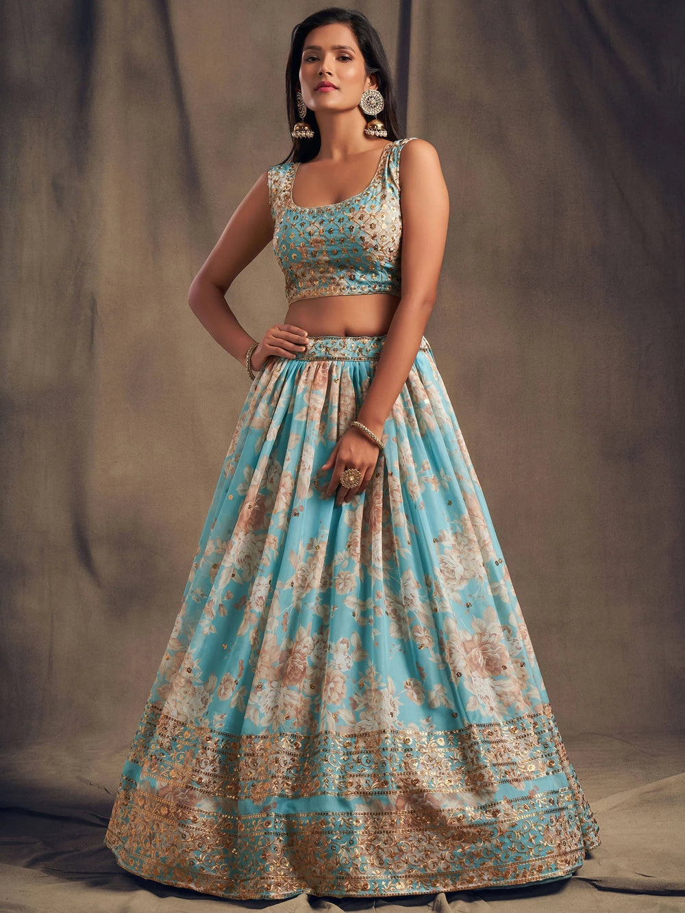 Sky Blue Floral Embroidered Organza Wedding Lehenga Choli for Women