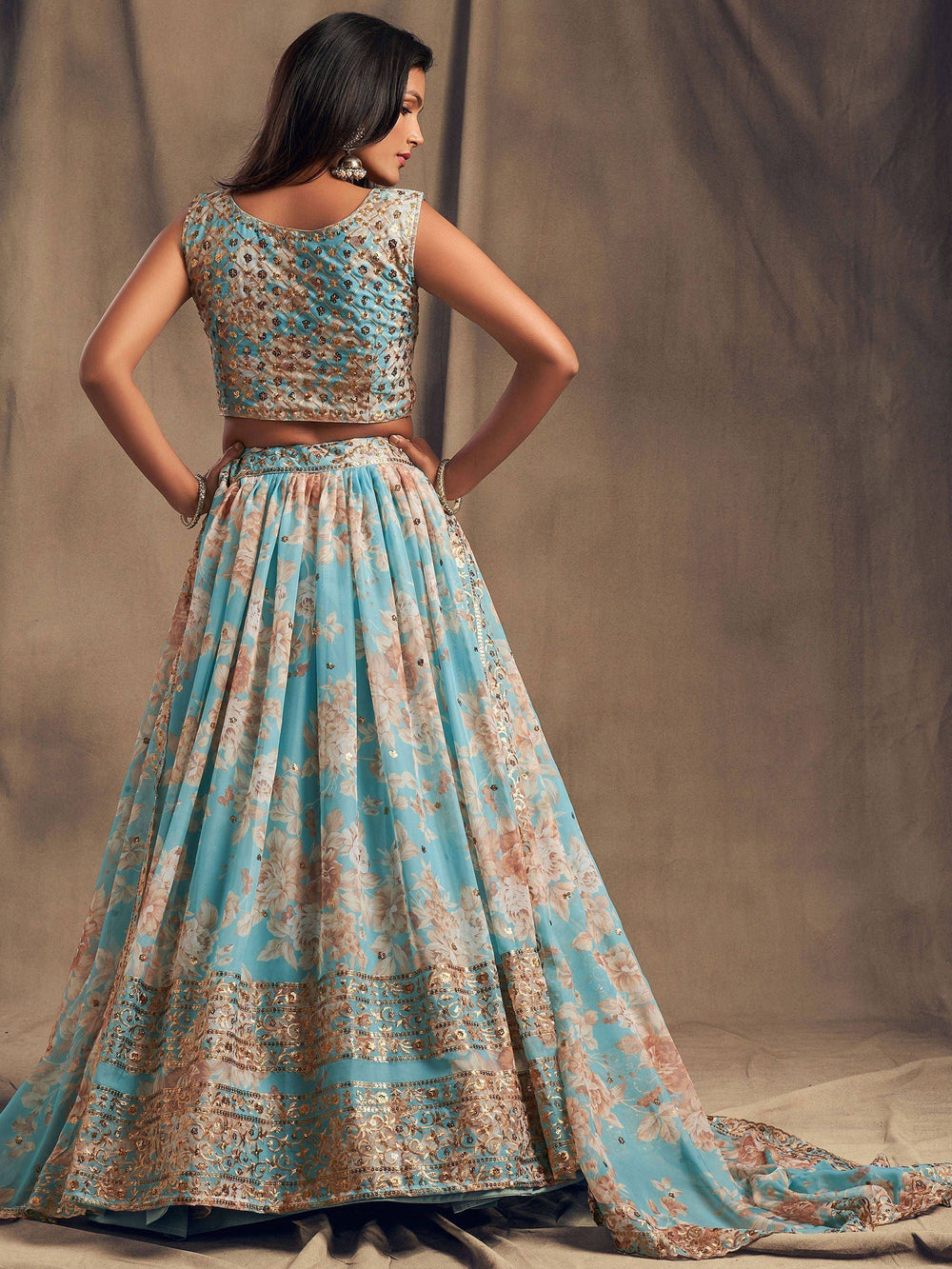 Sky Blue Floral Embroidered Organza Wedding Lehenga Choli for Women