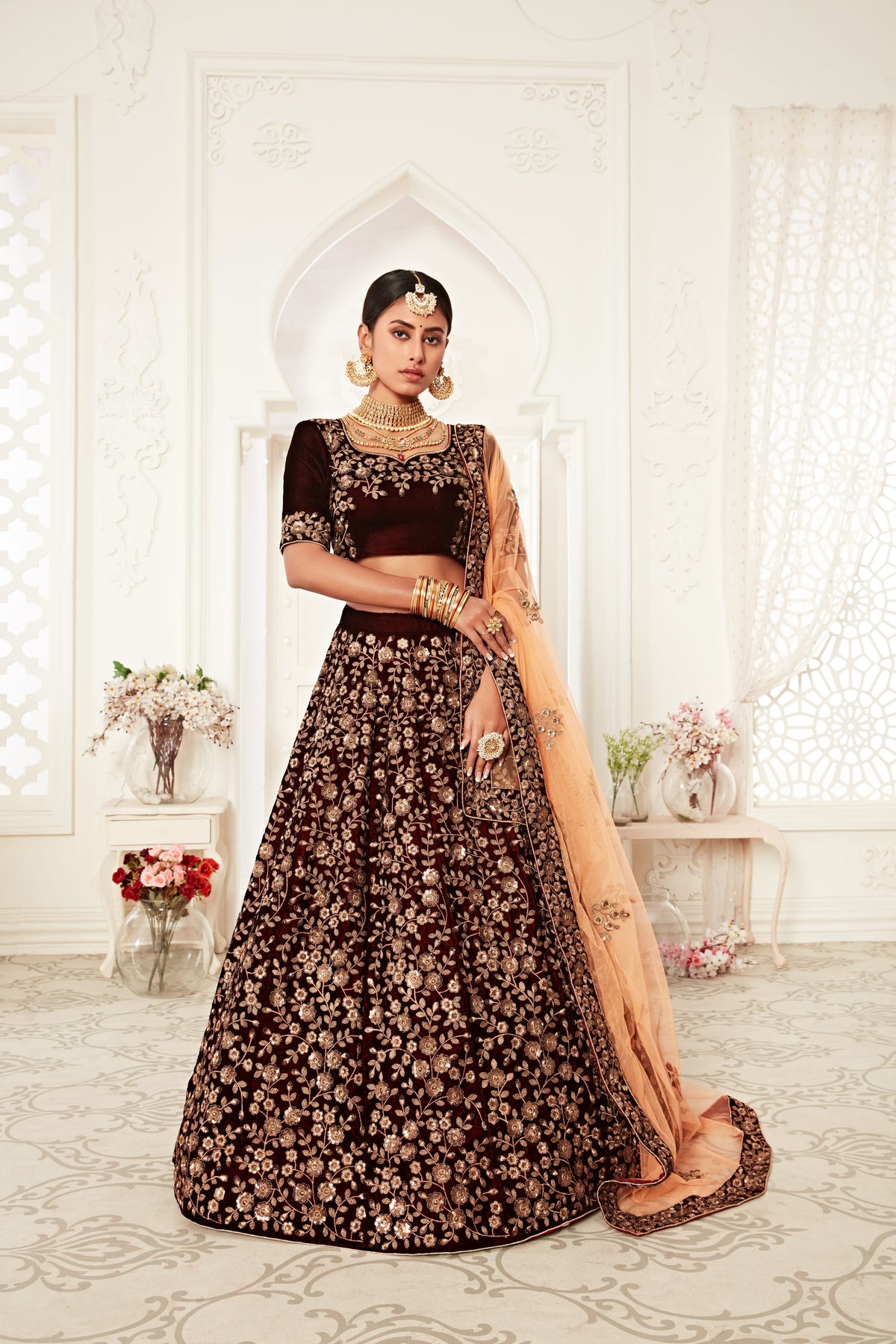Maroon Heavy Embroidered Velvet Bridal Lehenga Choli for Women
