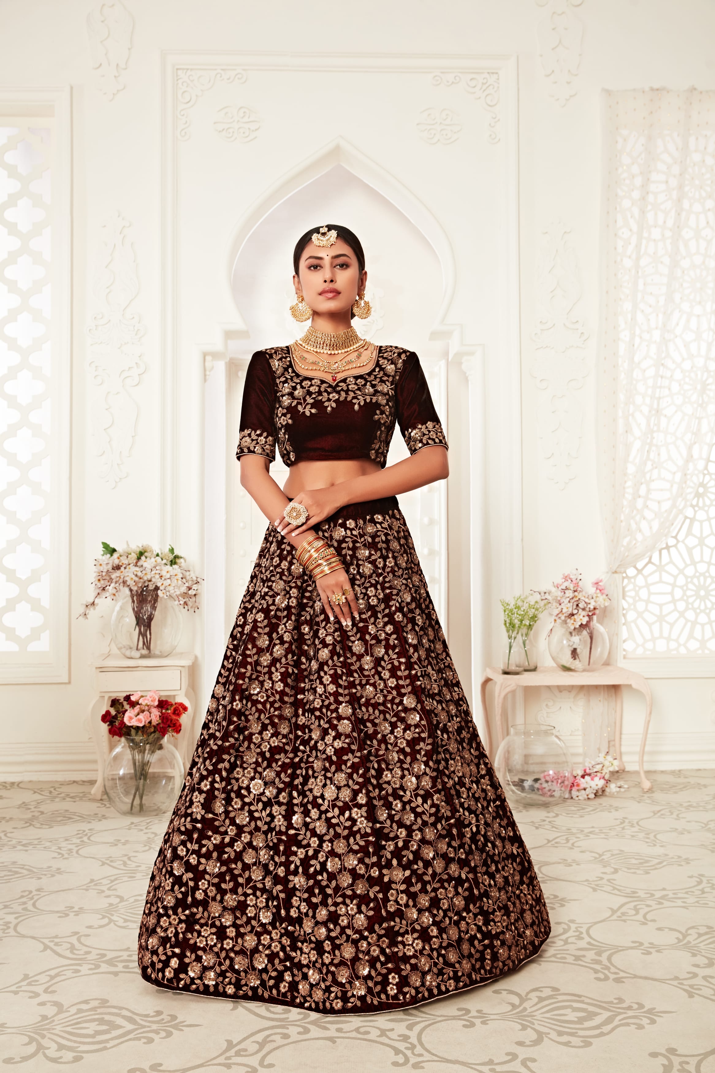 Maroon Heavy Embroidered Velvet Bridal Lehenga Choli for Women