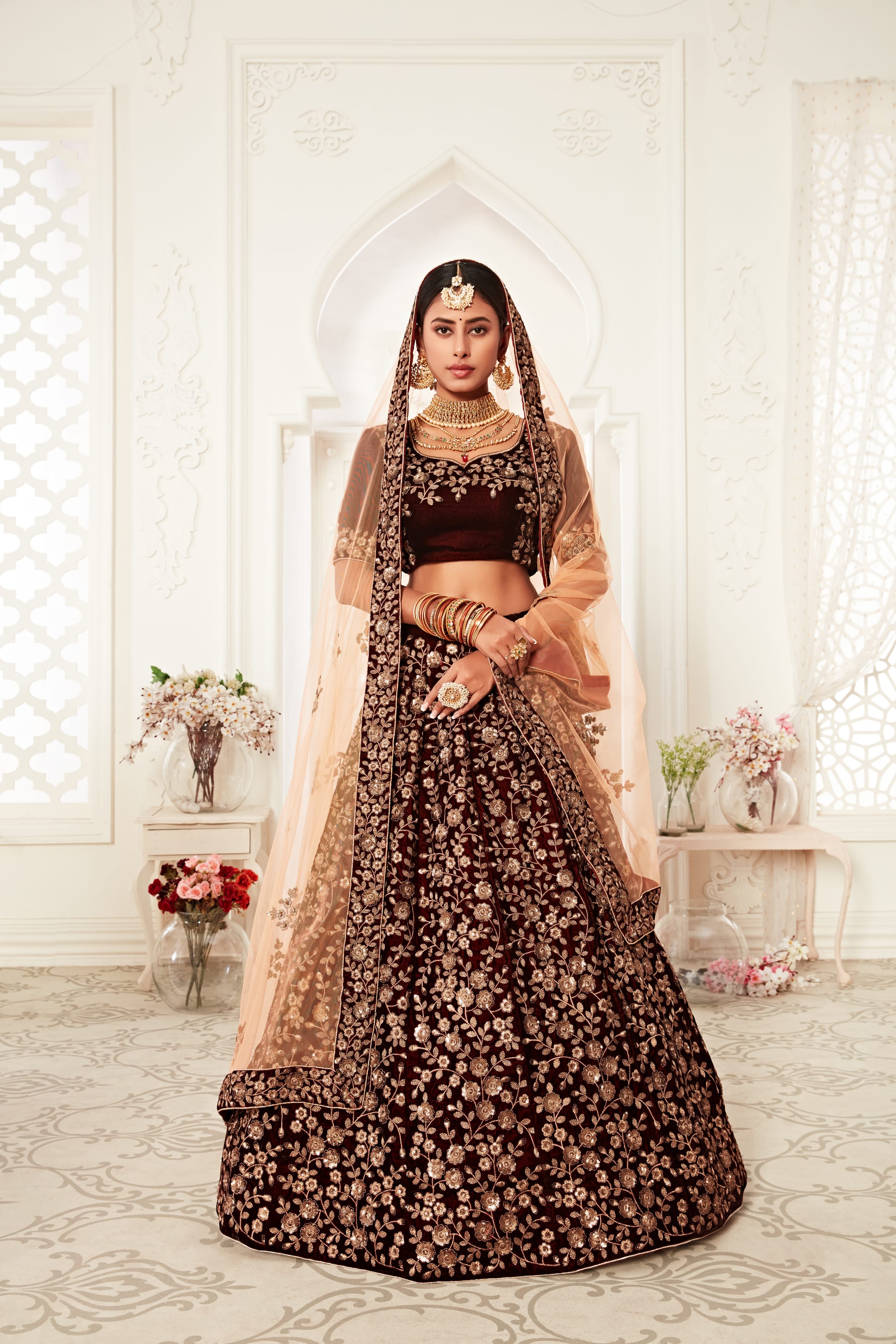 Maroon Heavy Embroidered Velvet Bridal Lehenga Choli for Women
