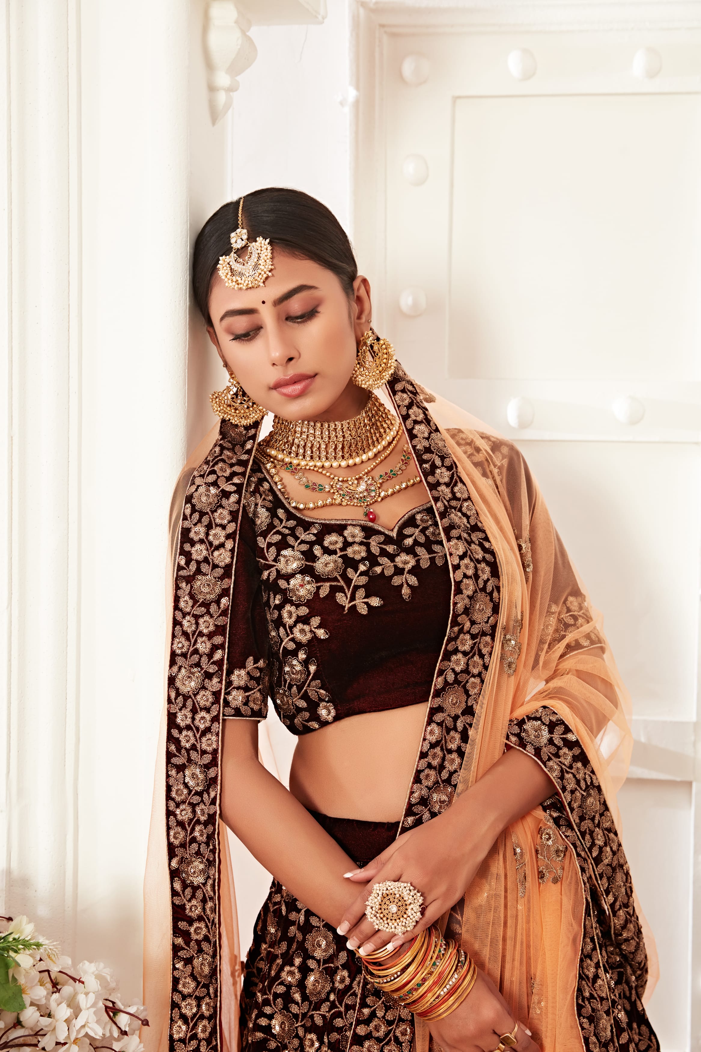 Maroon Heavy Embroidered Velvet Bridal Lehenga Choli for Women