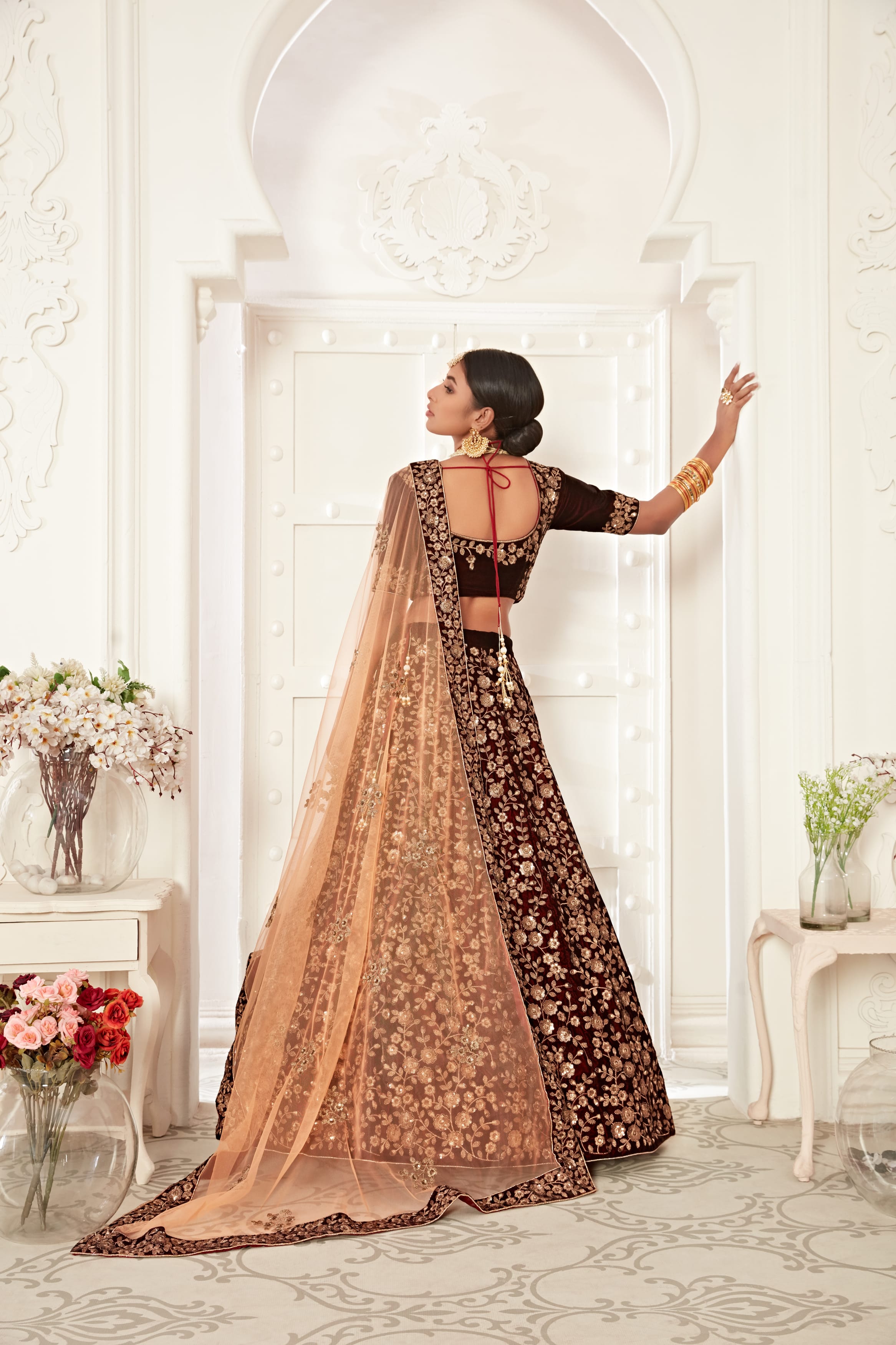 Maroon Heavy Embroidered Velvet Bridal Lehenga Choli for Women