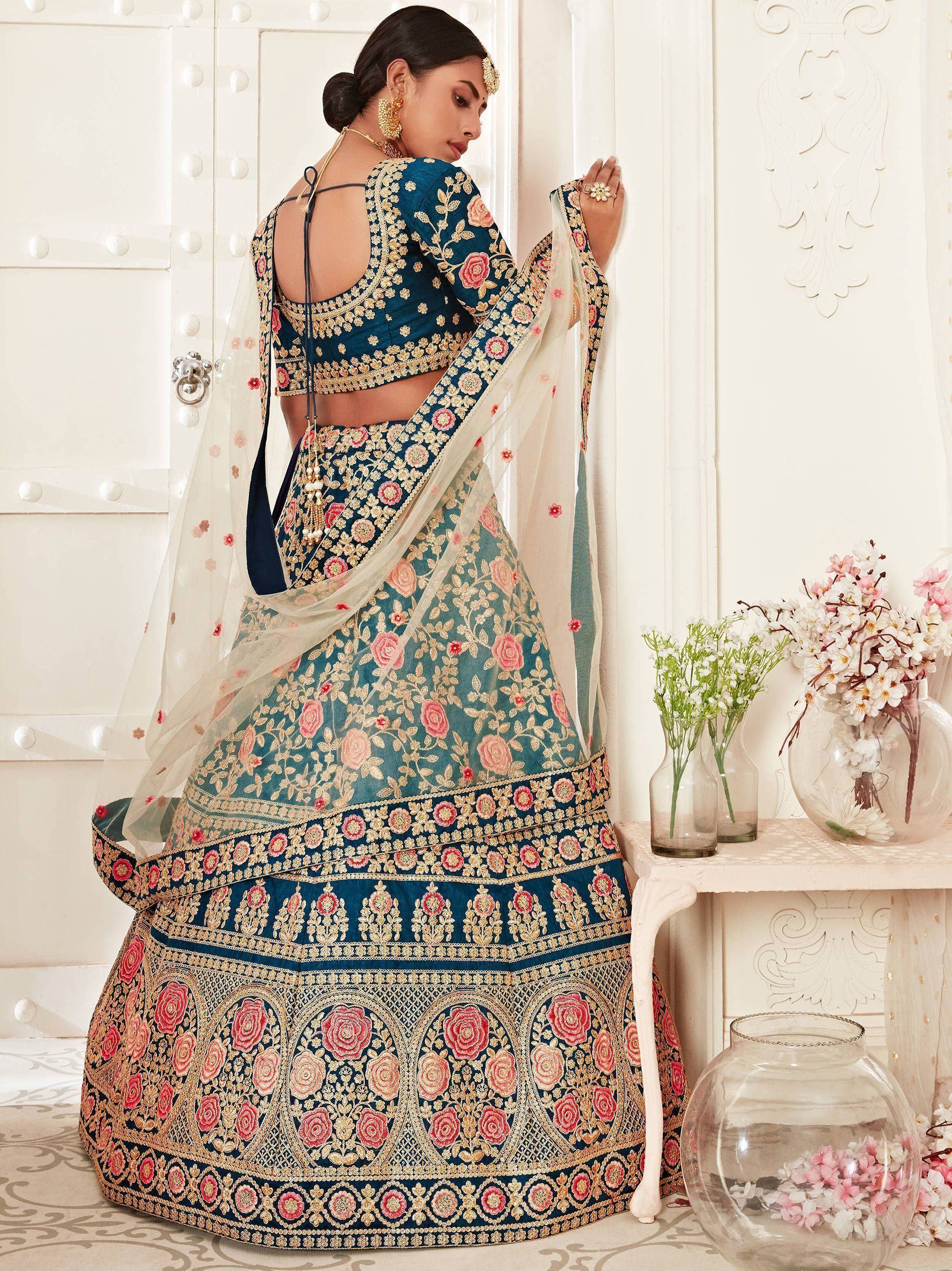Blue Rose Embroidered Silk Bridal Lehenga Choli Festive Collection
